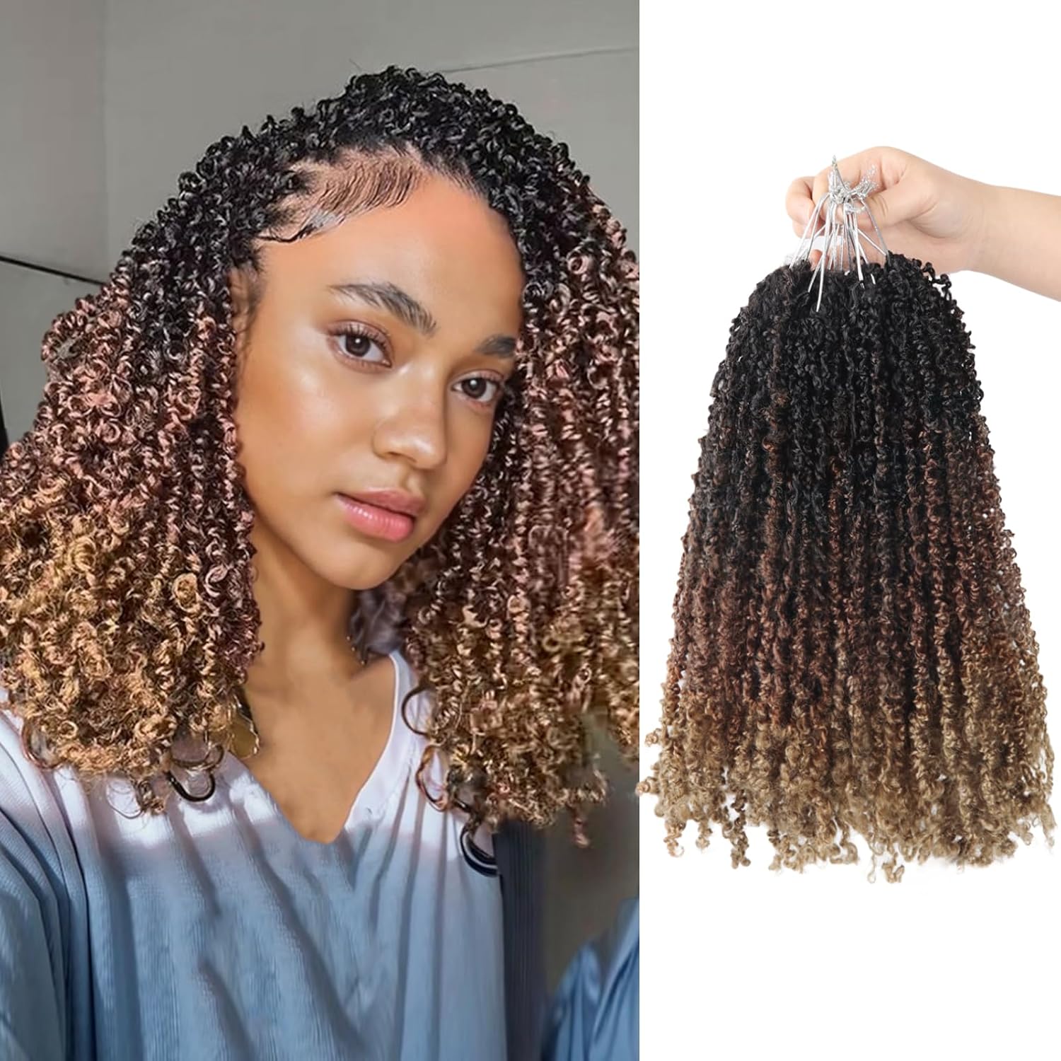 Yanky Twist Crochet Hair, PILLUGER Yaki Twists Hair Micro Spring Twist Braids,9 Packs Pre-looped passion Twist Brown Senegalese With Curls Crochet Synthetic Hair Extensions(1B/30/27) 12 Inch (pack of 9) 1B-30-27