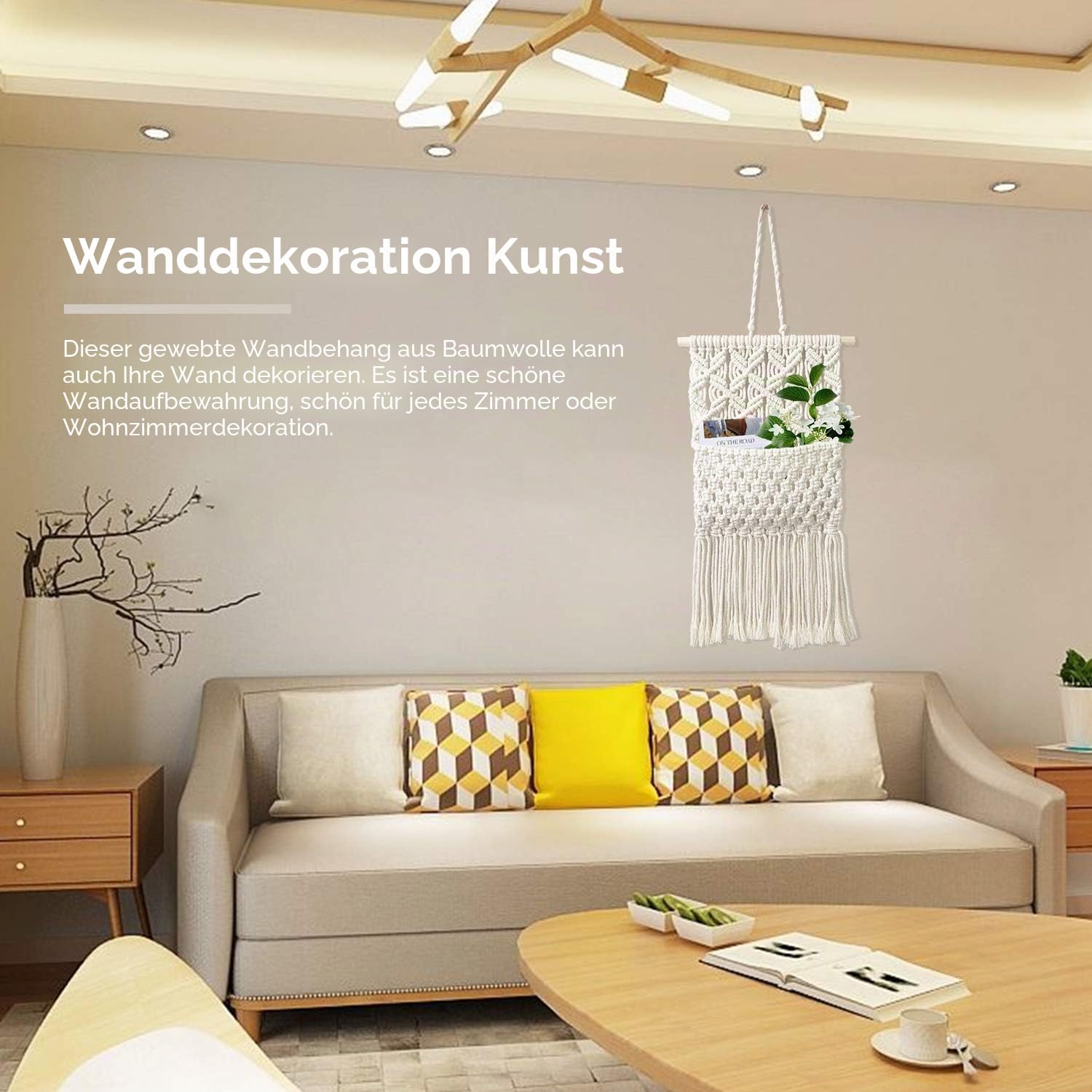 Laurraine Makramee-Wandbehang, Wanddekoration, schicke handgefertigte Baumwolle, gewebte böhmische Heimdekoration, Zeitschriftenaufbewahrung, Organizer, Wandteppich, Tasche, Boho-Wanddekoration für Wo