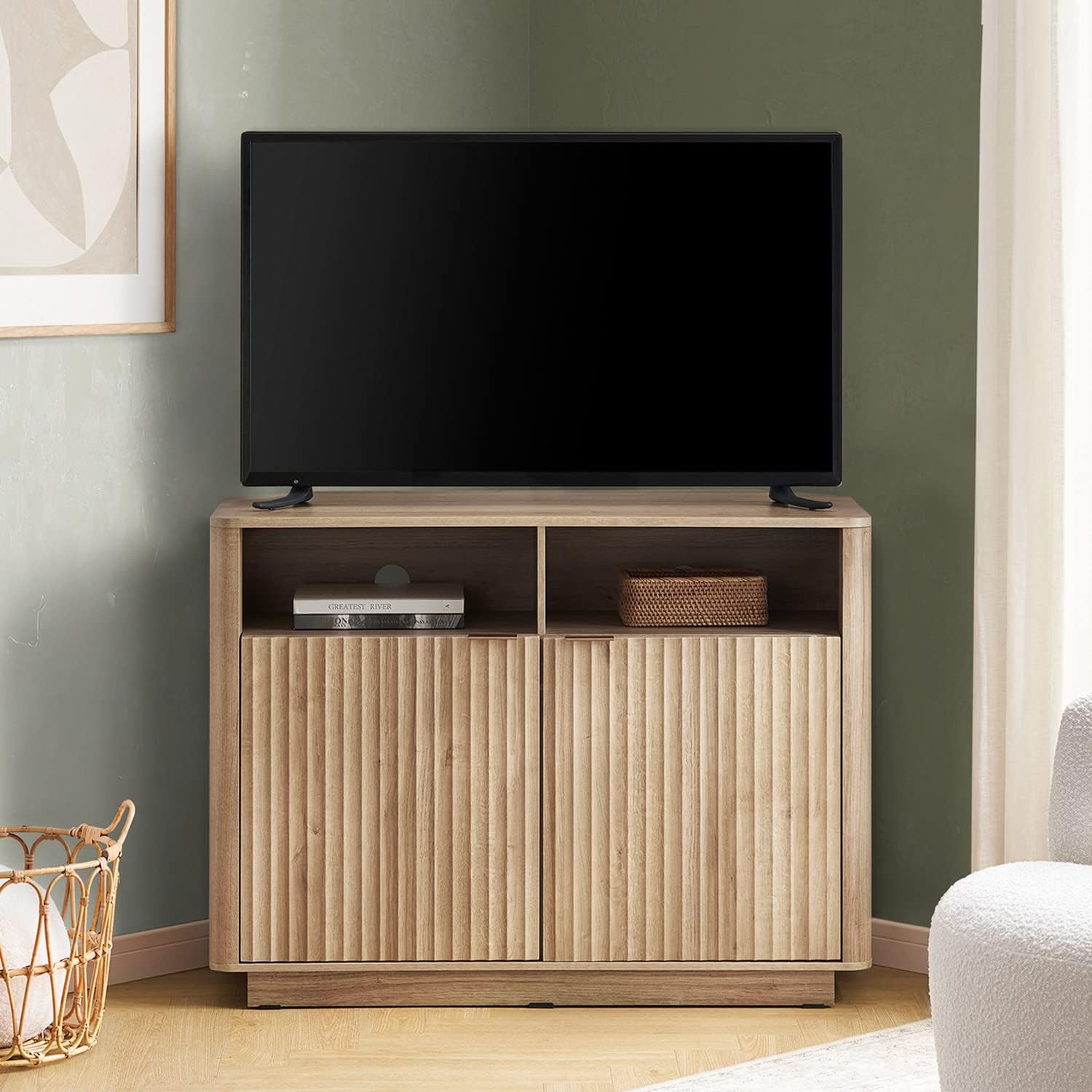 Brooklyn Corner Storage Cabinet, Mid Century Modern Buffet, Entertainment Center, Storage Cabinet with Doors and Shelves, Media Cabinet for 55 inch TV Stand, for Living Room