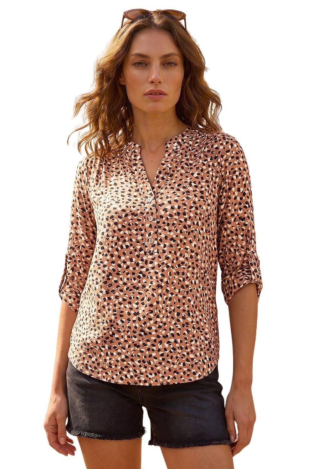 Roman Originals Women's Petite Animal Stone Roman Petite Floral Print Button Through Shirt For Uk - Everyday Autumn Winter V-Neckline Comfy Soft Evening Vacation Work Party Night Out - Size 18
