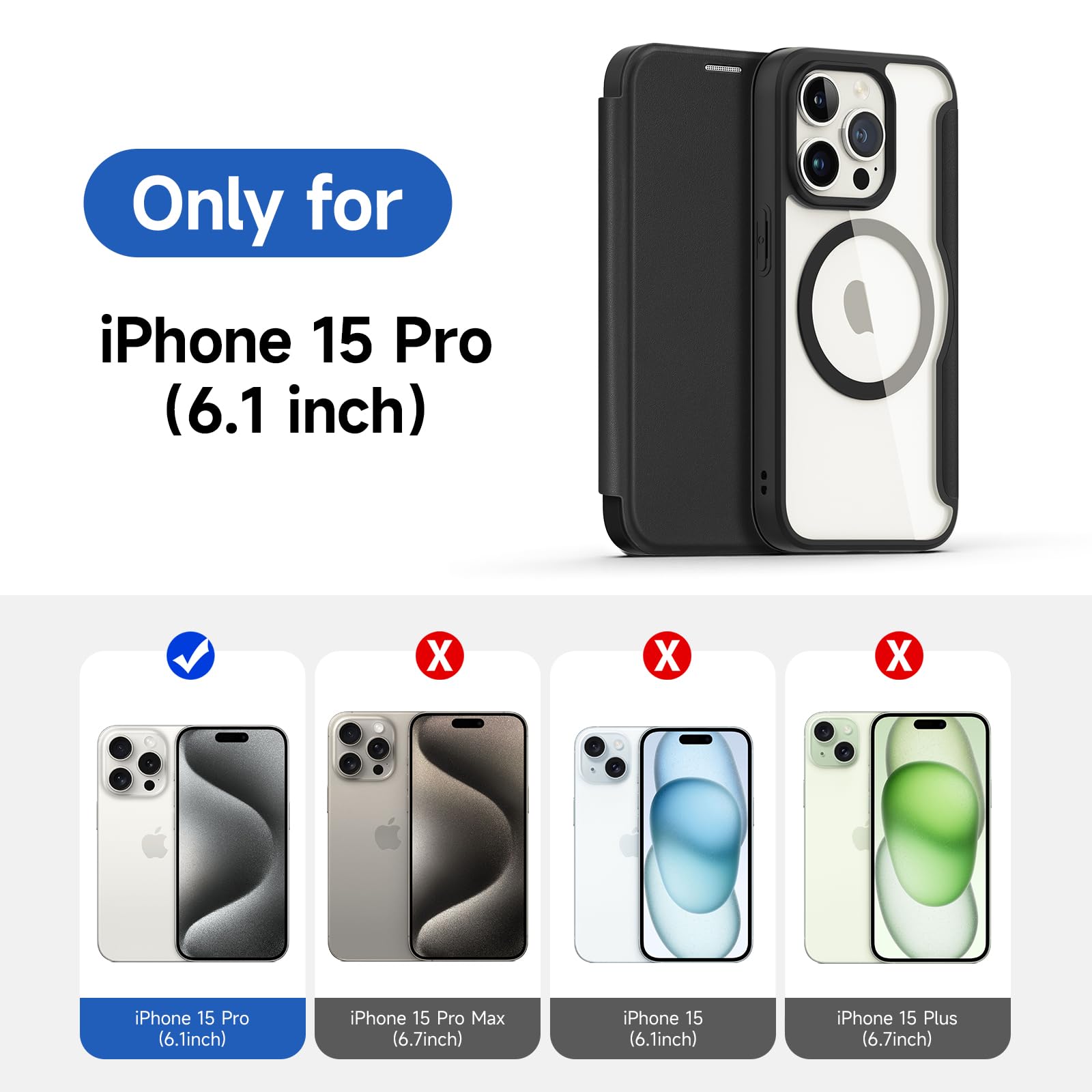 DUX DUCIS Magnetyczne etui do iPhone 15 Pro, [kompatybilne z MagSafe], skórzane etui z klapką premium, z blokadą RFID, przezroczyste, odporne na wstrząsy etui na telefon Apple iPhone 15 Pro