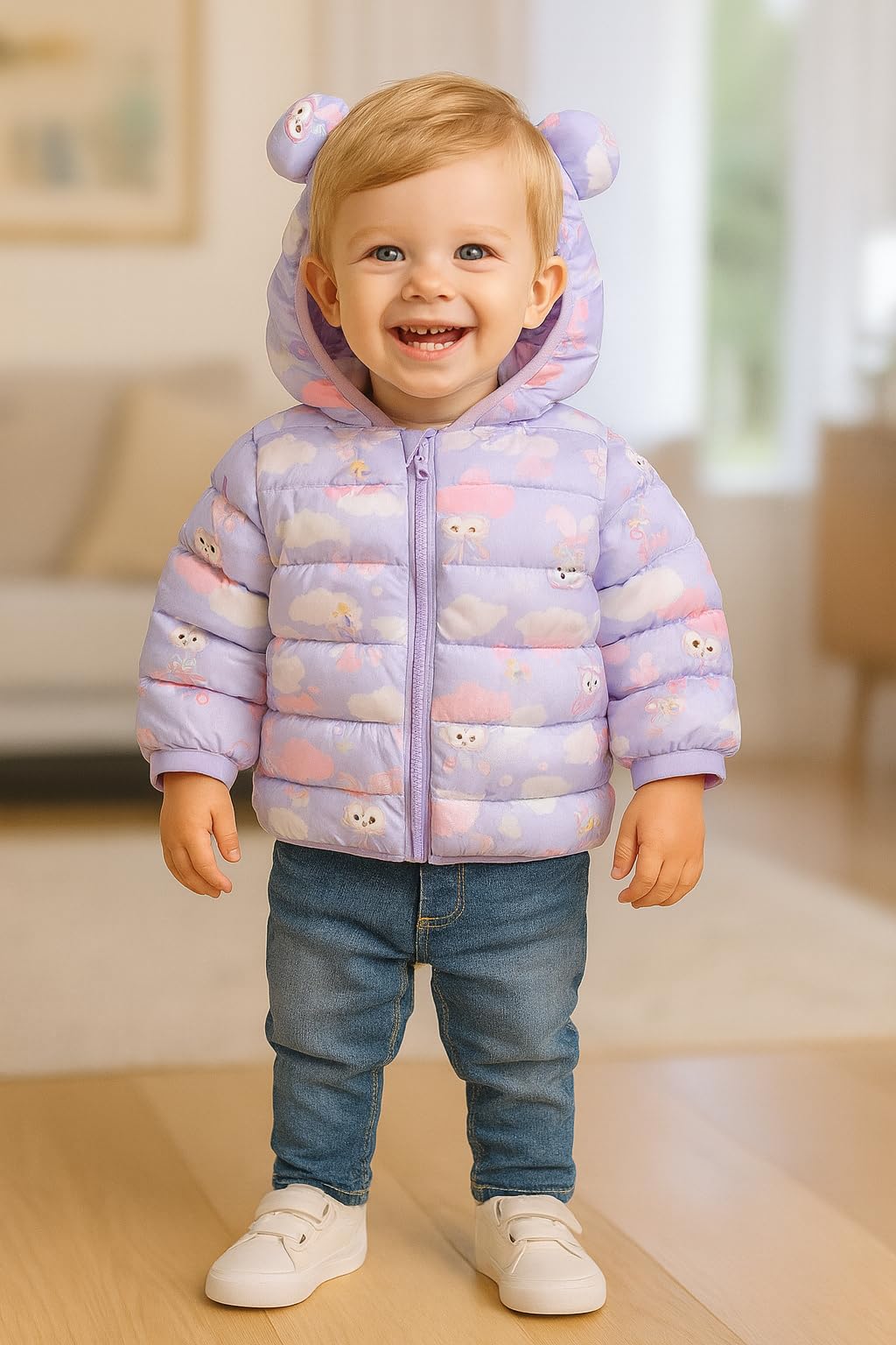 Bold N Elegant Girls Polka Dot Duck Print Winter Warm Quilted Bomber Hood Jacket Coat Puffer Jacket Coat for Infant Toddler Kids (1-2 Years, Purple) - Image 2 thumbnail