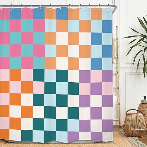 Miniatura 17 de Miyotaa Juego de cortina de ducha retro a cuadros de 60 pulgadas de ancho x 71 pulgadas de alto, 70, colorido, estético, moderno, pastel, Y2K,