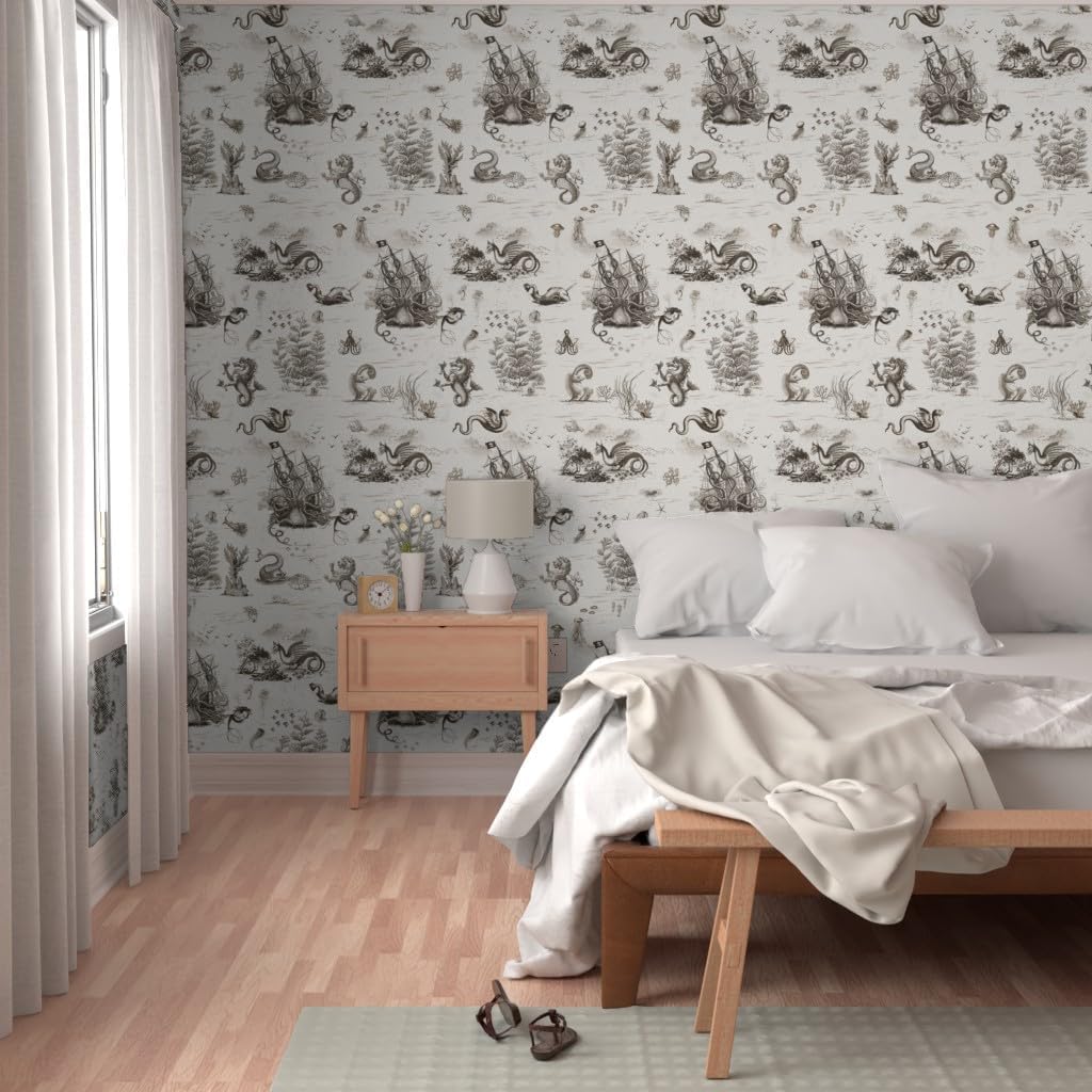 Spoonflower Removable Wallpaper 3ft x 2ft - Vintage Dragon Ocean Octopus Sepia Toile Mermaid Steampunk Custom Pre-Pasted Wallpaper