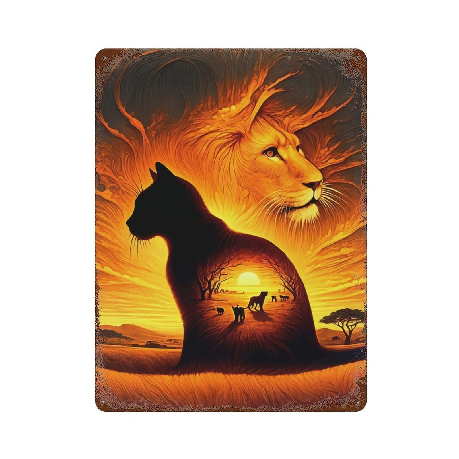 Weathered Tin Sign with Cat Silhouette Lion Sunset Design 15.7"x11.8", for Basement, Hobby Room And Garage Decor, Industrial Home Decor