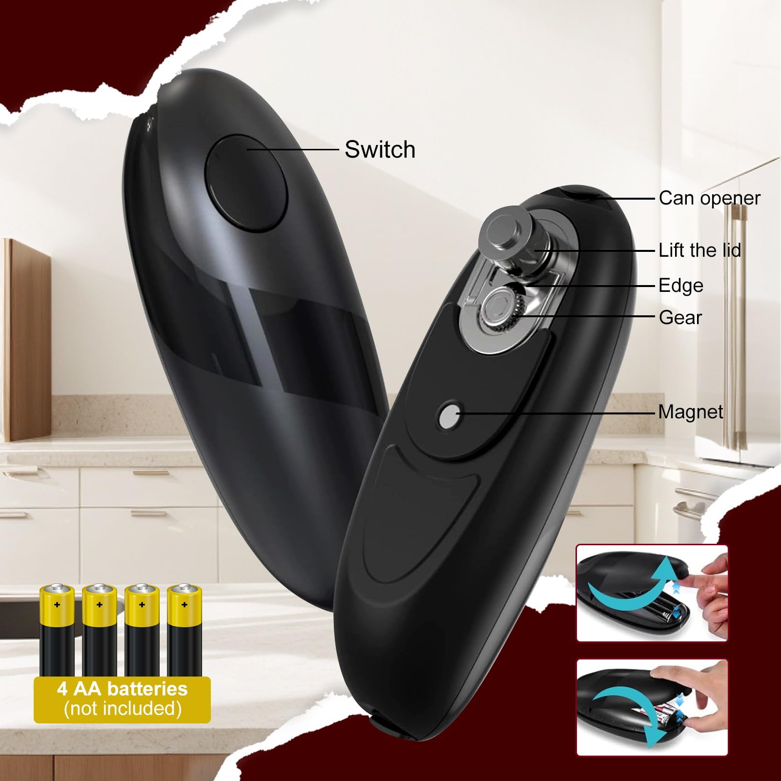Apriscatole Elettrico per Anziani e Cucina - Automatico, Funzione Avvio/Arresto One Touch, Bordo Liscio, Lama Affilata, Portatile, Potente, Ricaricabile, Senza Fili