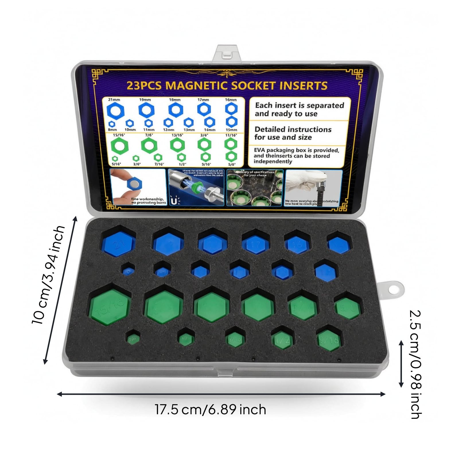 23 Pièces Adaptateur de Douille Clé Embout Insert Magnétique Compatibilité Sae et Métrique Identification Rapide Plateaux en Mousse