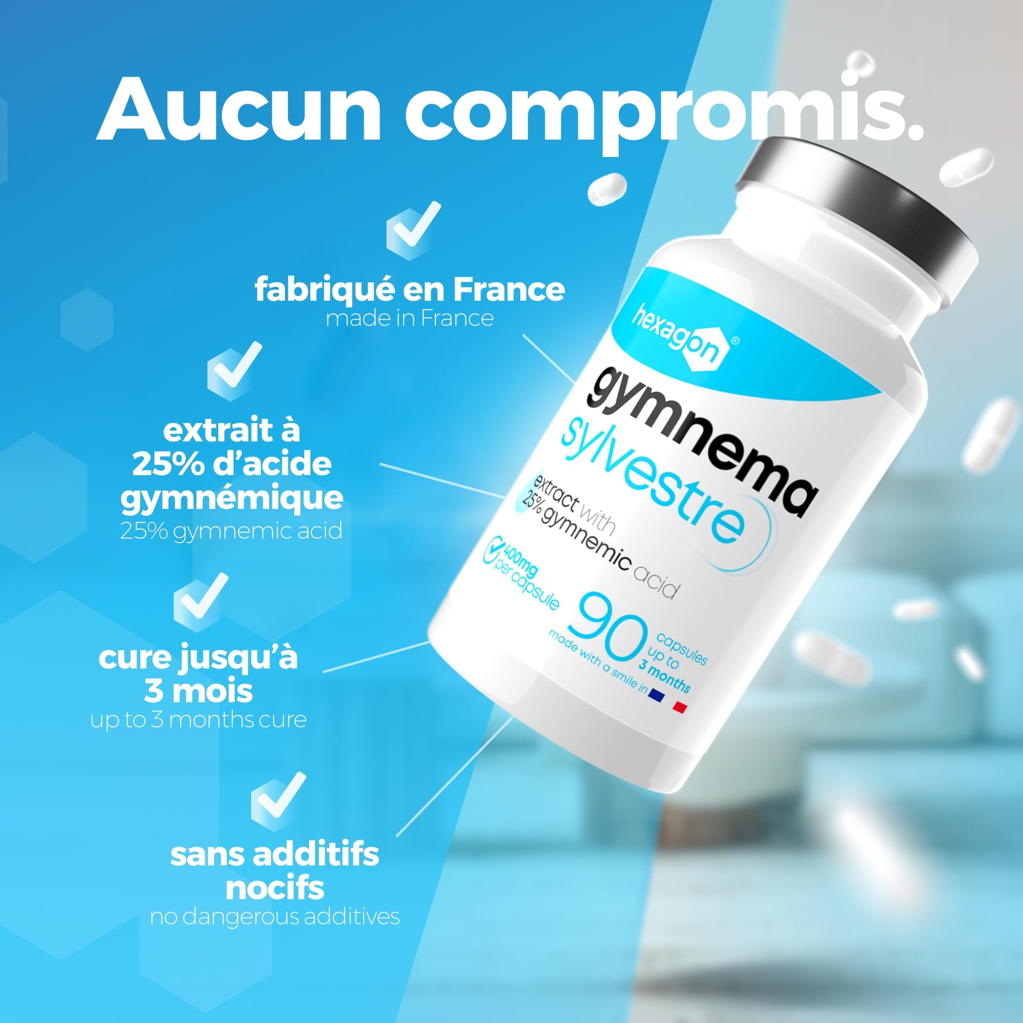 Gymnema Sylvestre 400mg - Jusqu’à +3 Mois de Cure - Soutien Naturel - Gestion des Envies Sucrées - Made in France - 90 Gélules Végétales - Vegan - Hexagon