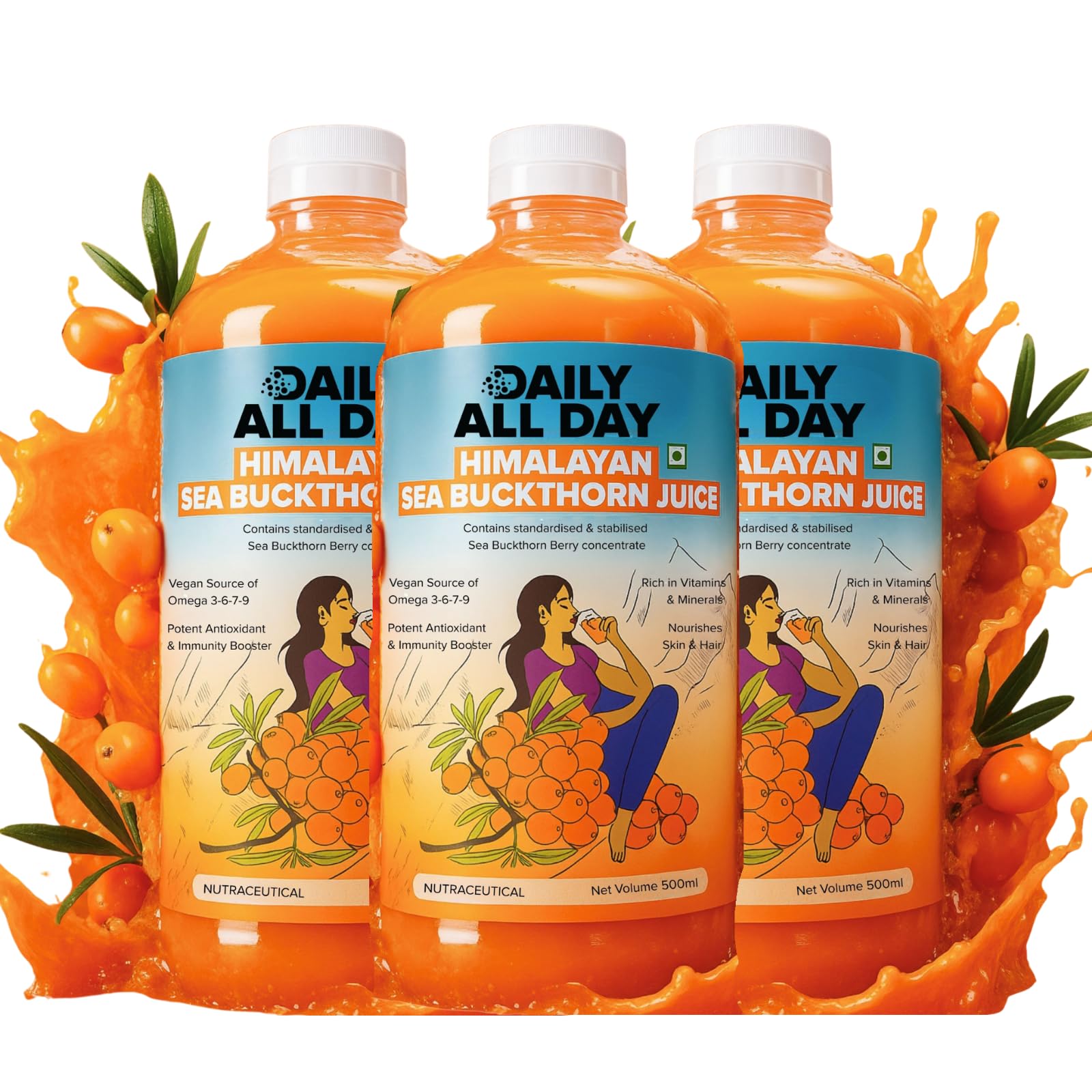 Daily All Day Himalayan Sea Buckthorn Berry Pulp Concentrated Juice, 1500 ml Liquid Supplements, Rich in Vitamin C Plant Based Vegan Omega 3, 6, 7, & 9, Antioxidants, Immunity Booster