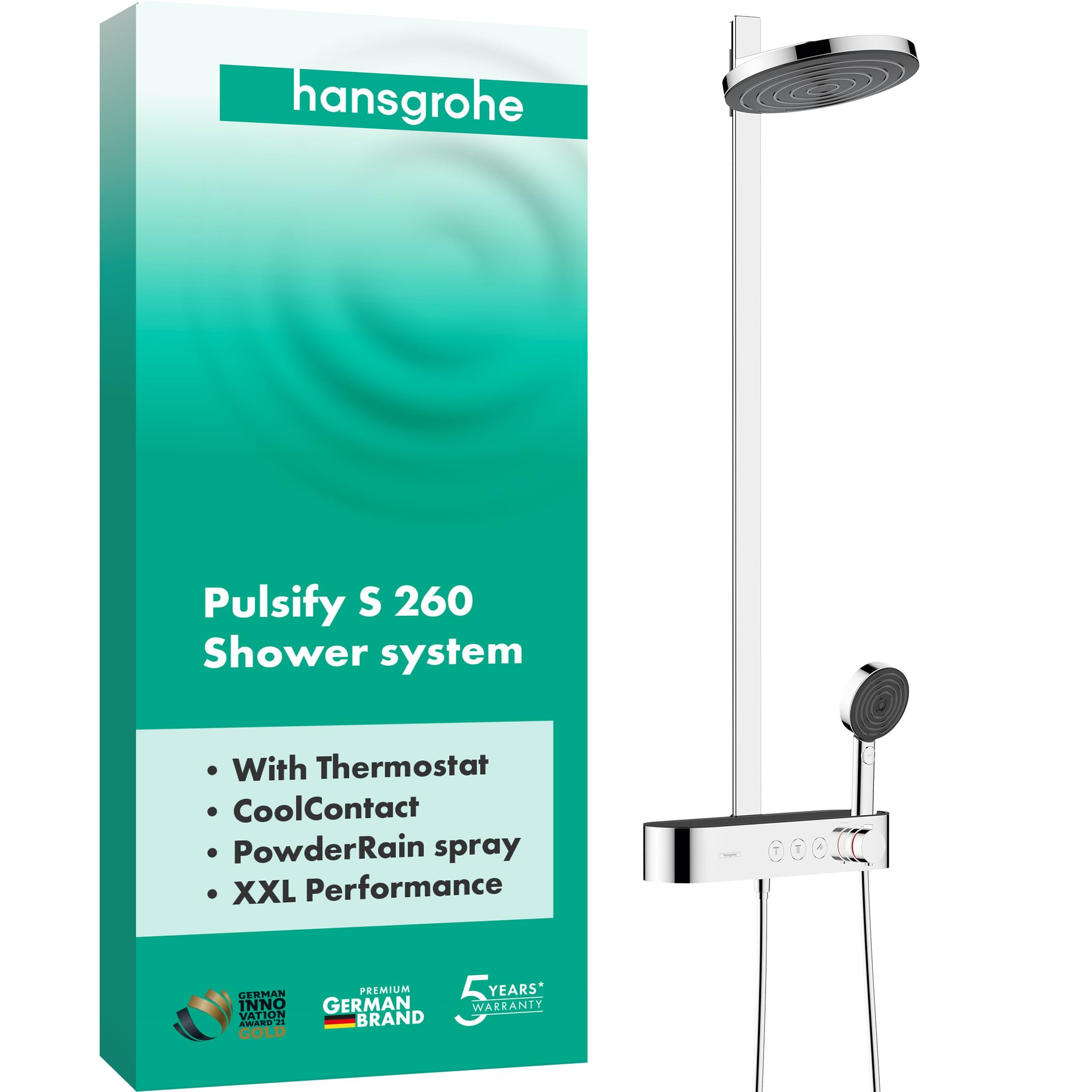hansgrohe Pulsify S - komplet prysznicowy z termostatem, zestaw prysznicowy z główką prysznicowa, wąż, szyna i deszczownica okrągła 2-strumieniowa, chrom, 24240000
