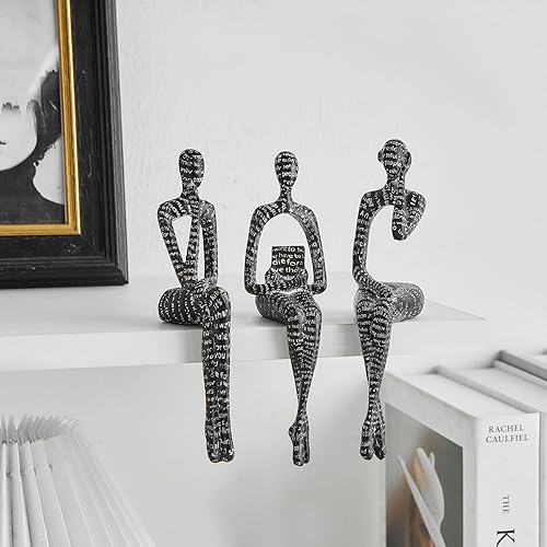 Miniatura 6 de FJS Juego de 3 estatuas de pensador de terciopelo negro, estatua de arte, decoración de sala de estar, decoración moderna de escultura para mesa de