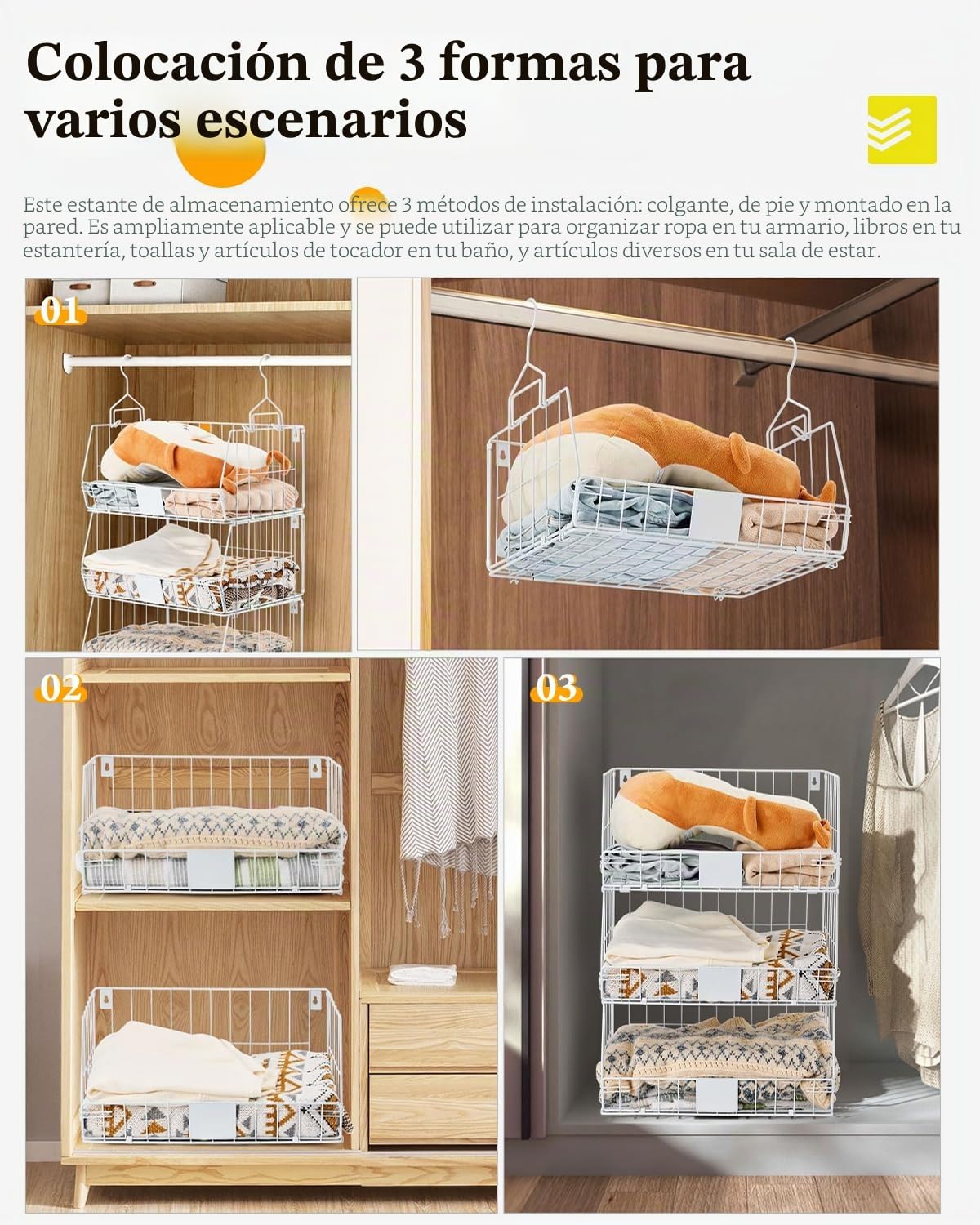 Organizador Colgante de Armario, 2 Niveles, para Ropa | Cestas de alambre abiertas, almacenamiento vertical para prendas dobladas, bolsos y accesorios