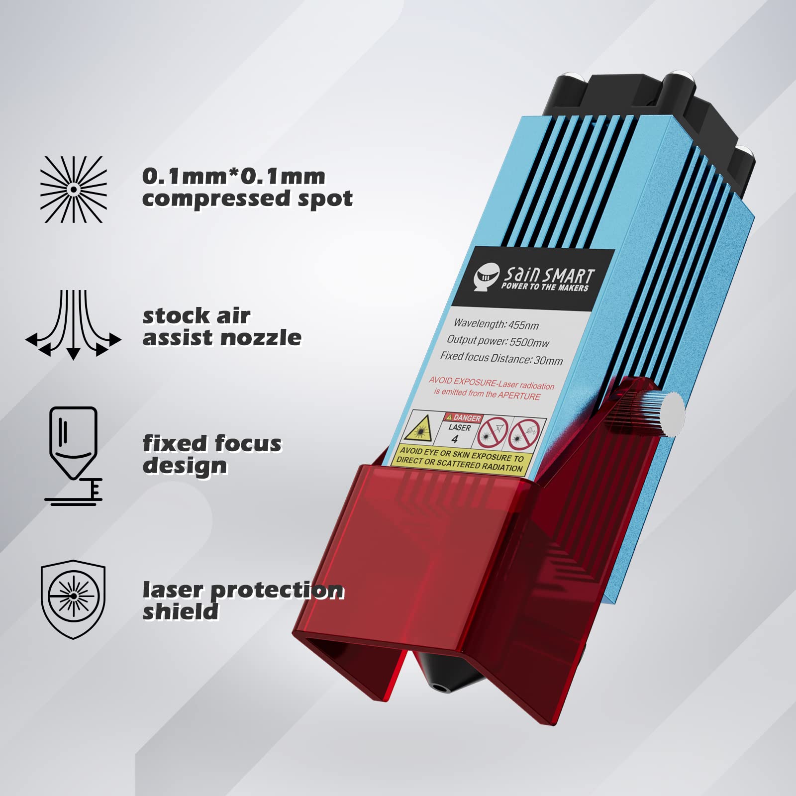 Module laser Genmitsu CFL55P 5,5 W FAC avec buse à assistance pneumatique et spot laser de 0,1 mm pour machines CNC 3018-PRO, 3018-PROVer, 3018-PROVer V2 et 3020-PRO MAX