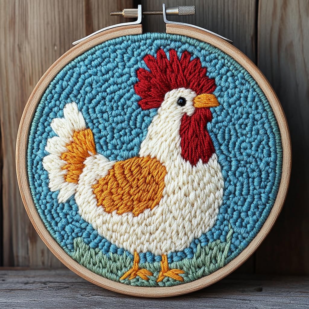 DIY Punch Needle Kits Cute Cartoon Rooster with Hoop 20x20cm-1