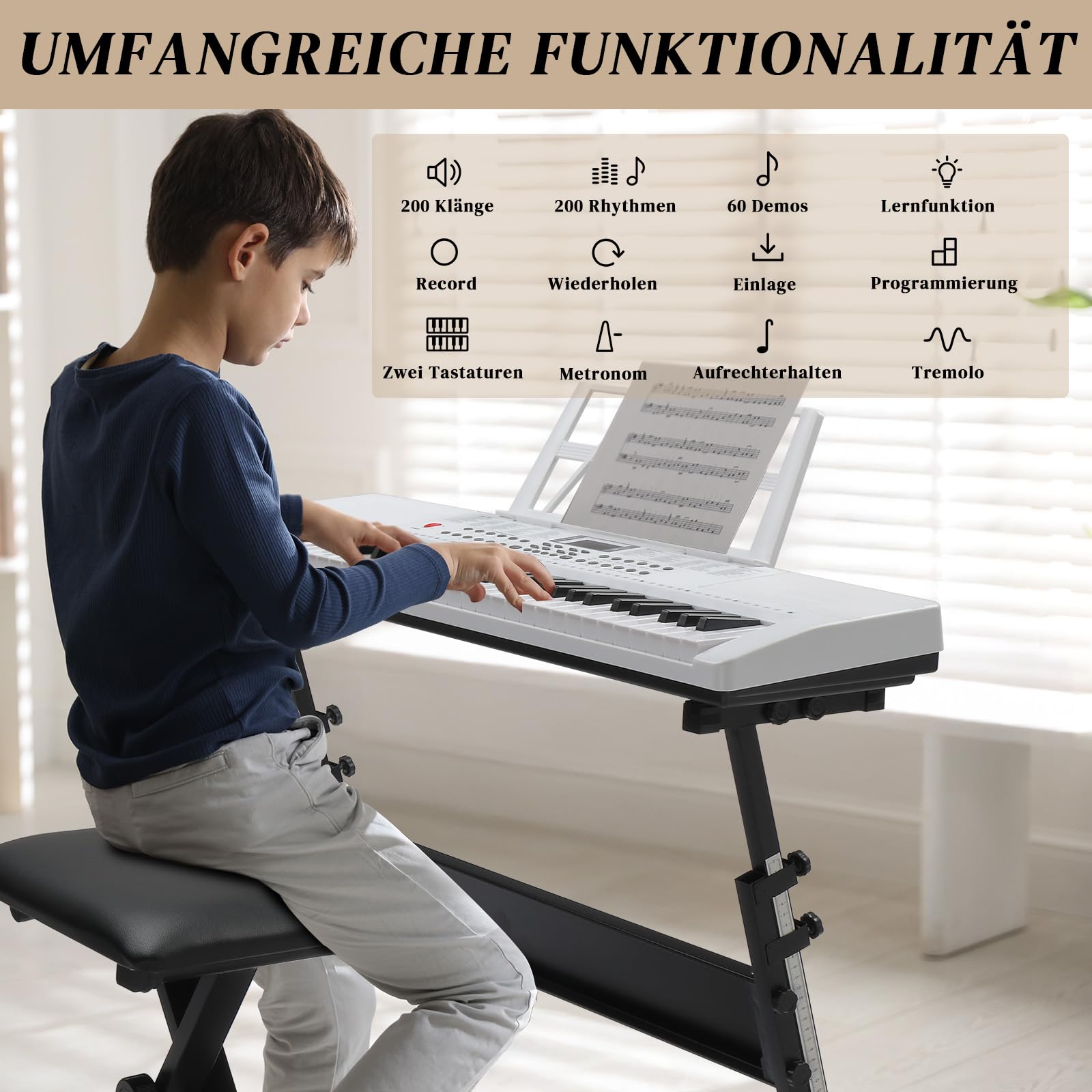 LEADZM Keyboard Pianoforte a 61 tasti, con supporto per tastiera, panca per pianoforte (bianco)