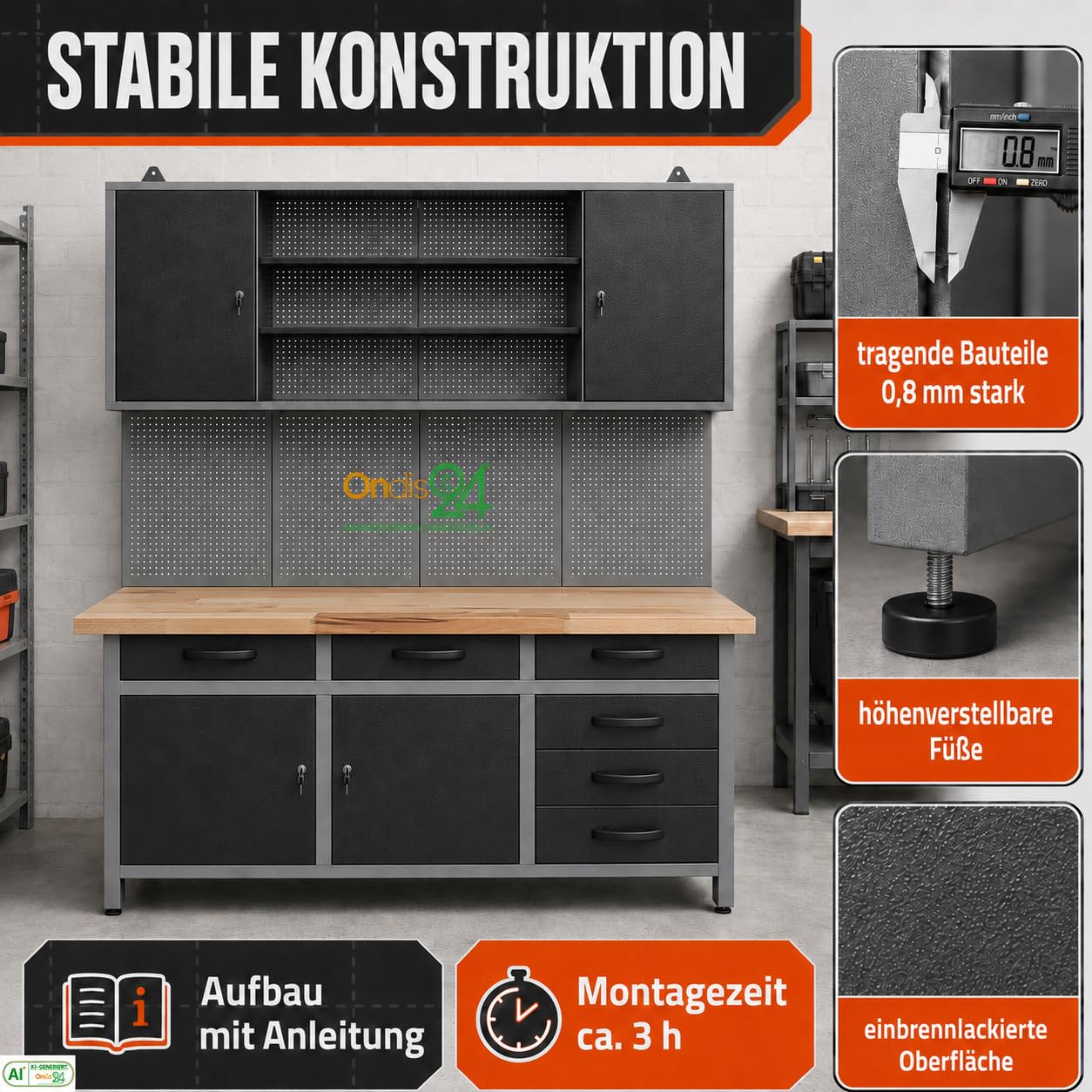 Ondis24 Karsten - Set da officina, 160 cm, banco da lavoro, armadietto da lavoro, pannello forato in faggio