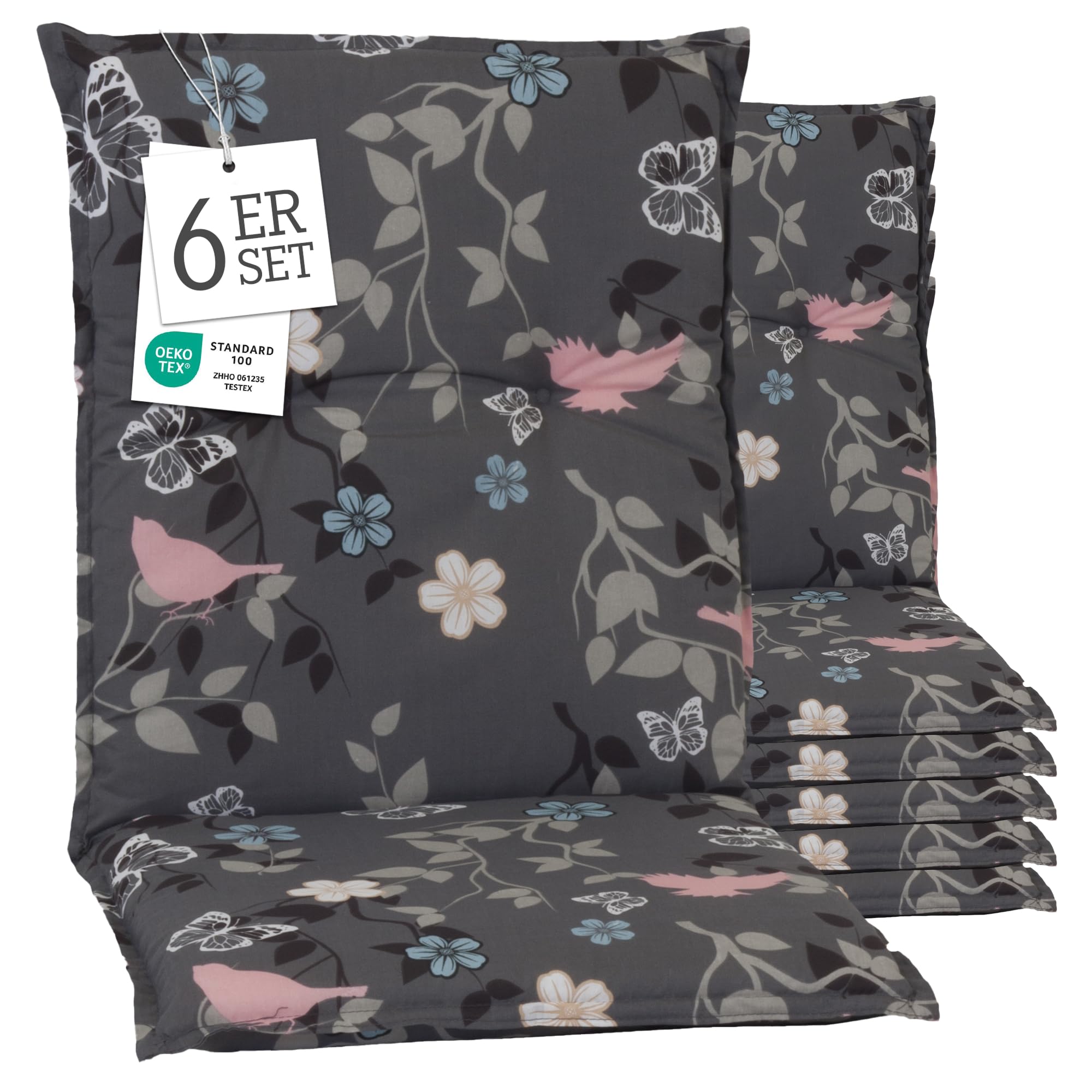 Beo® Barcelona Niedriglehner Gartenstuhlauflagen | 6er Set | Waschbar | Made in EU | Öko-Tex Standard | Atmungsaktiv | UV-beständig | Extra Dicke Sitzkissen Outdoor