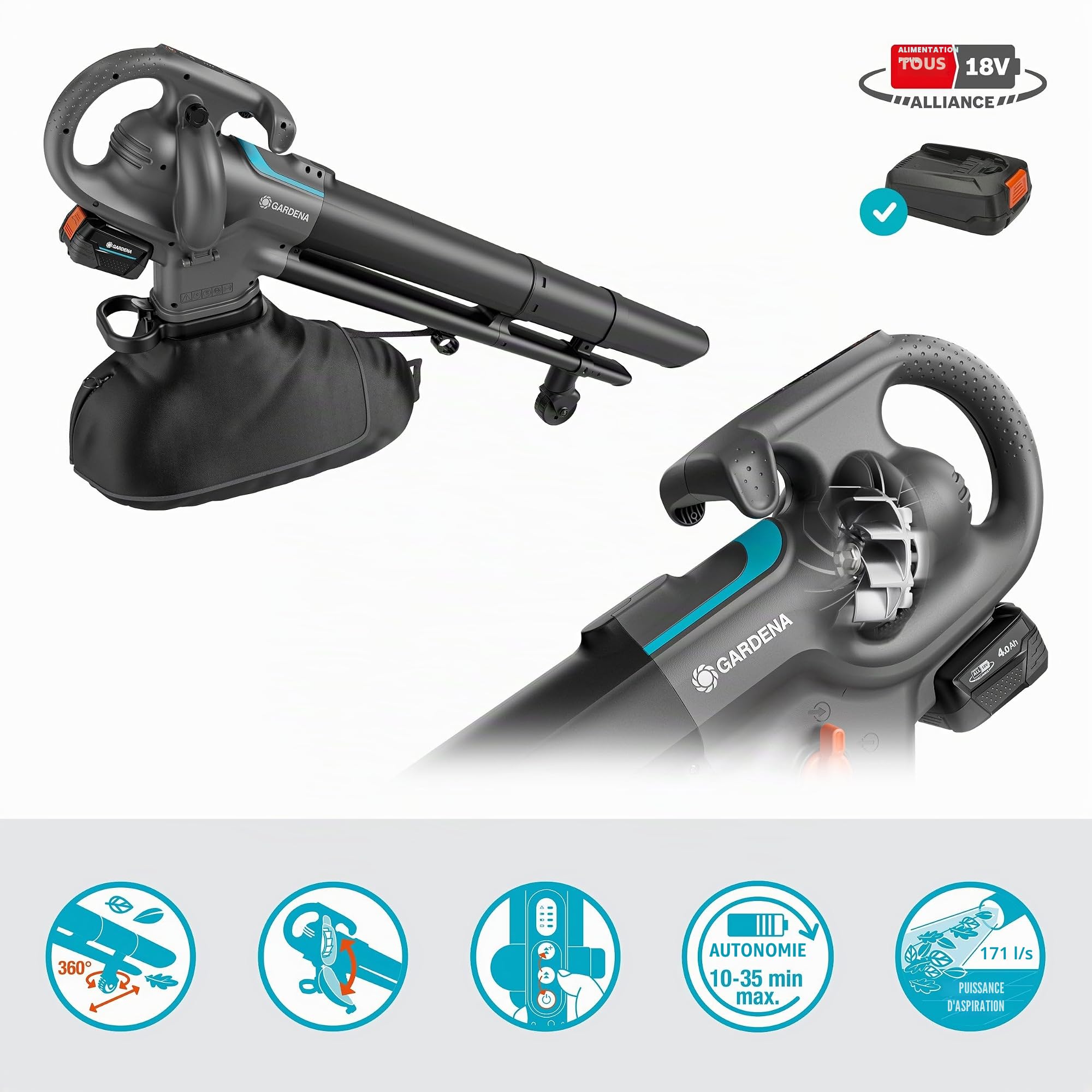 Gardena Aspirateur souffleur broyeur 3-en-1 sur batterie PowerJet Collect 18V P4A Kit prêt à l’emploi