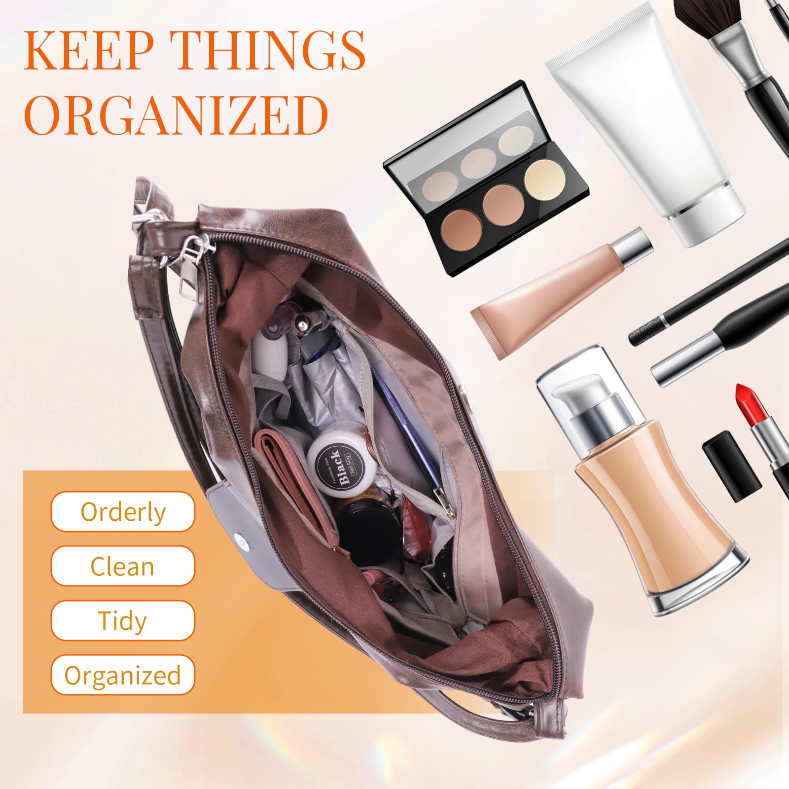 Inserto organizer per borse tote, borsa, zaino, 13 tasche, nylon impermeabile, portachiavi per un facile accesso, adatto a Longchamp e altro, design a forma trapezoidale (grigio, L)
