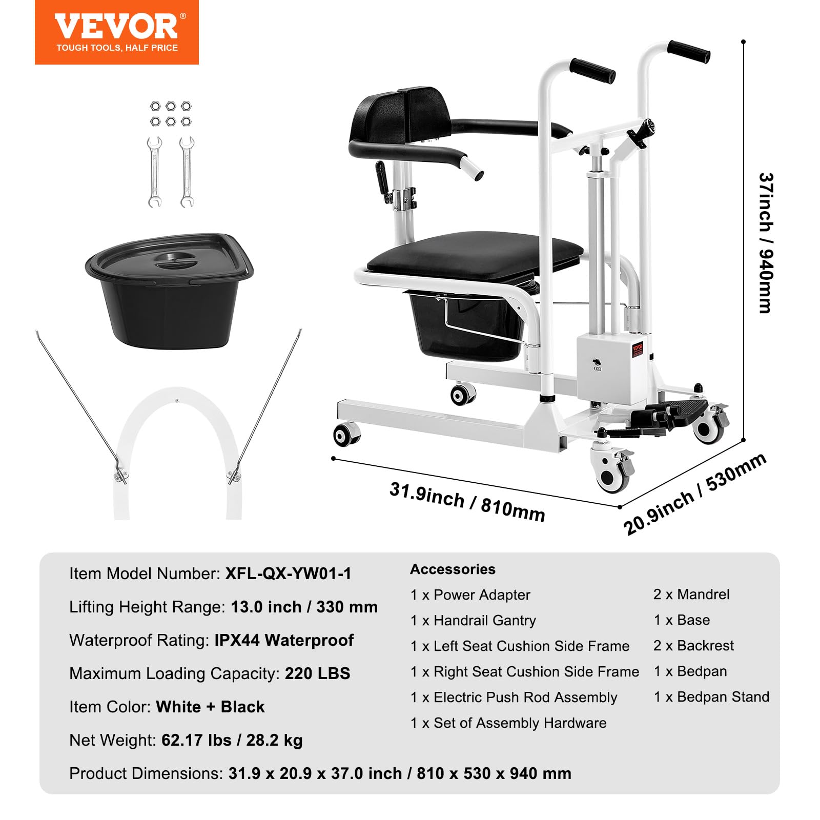 VEVOR Fauteuil Roulant Élévateur Patient, Siège Divisé 180°, Fauteuil Transfert Patients Électrique, Charge 100 kg, Bassin de Lit, Roulettes Pivotantes Verrouillables, pour Personnes Âgées Handicapées