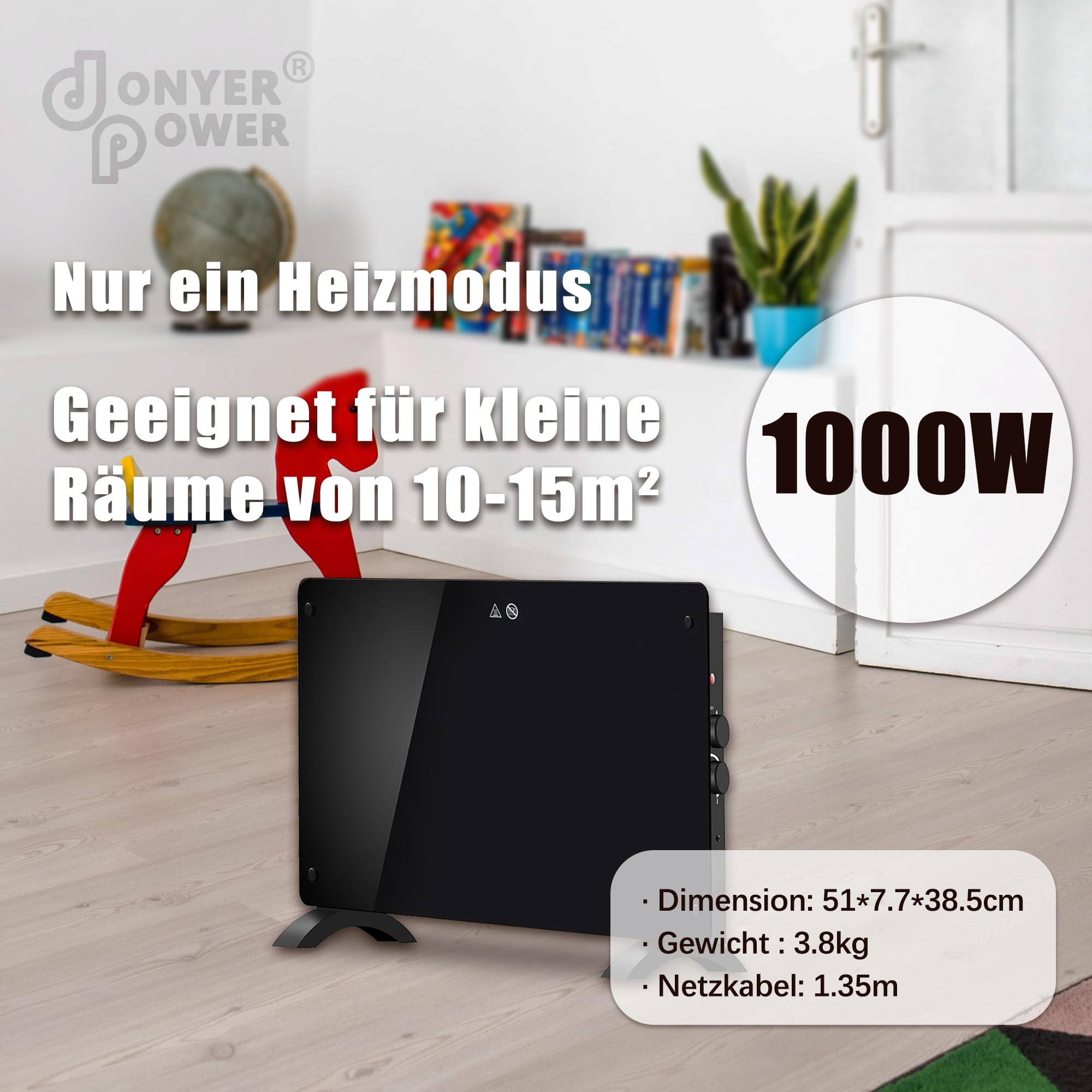 DONYER POWER 1000W Konvektor-Heizung, ultradünn, wandmontiert oder freistehend, schwarze Glasscheibe