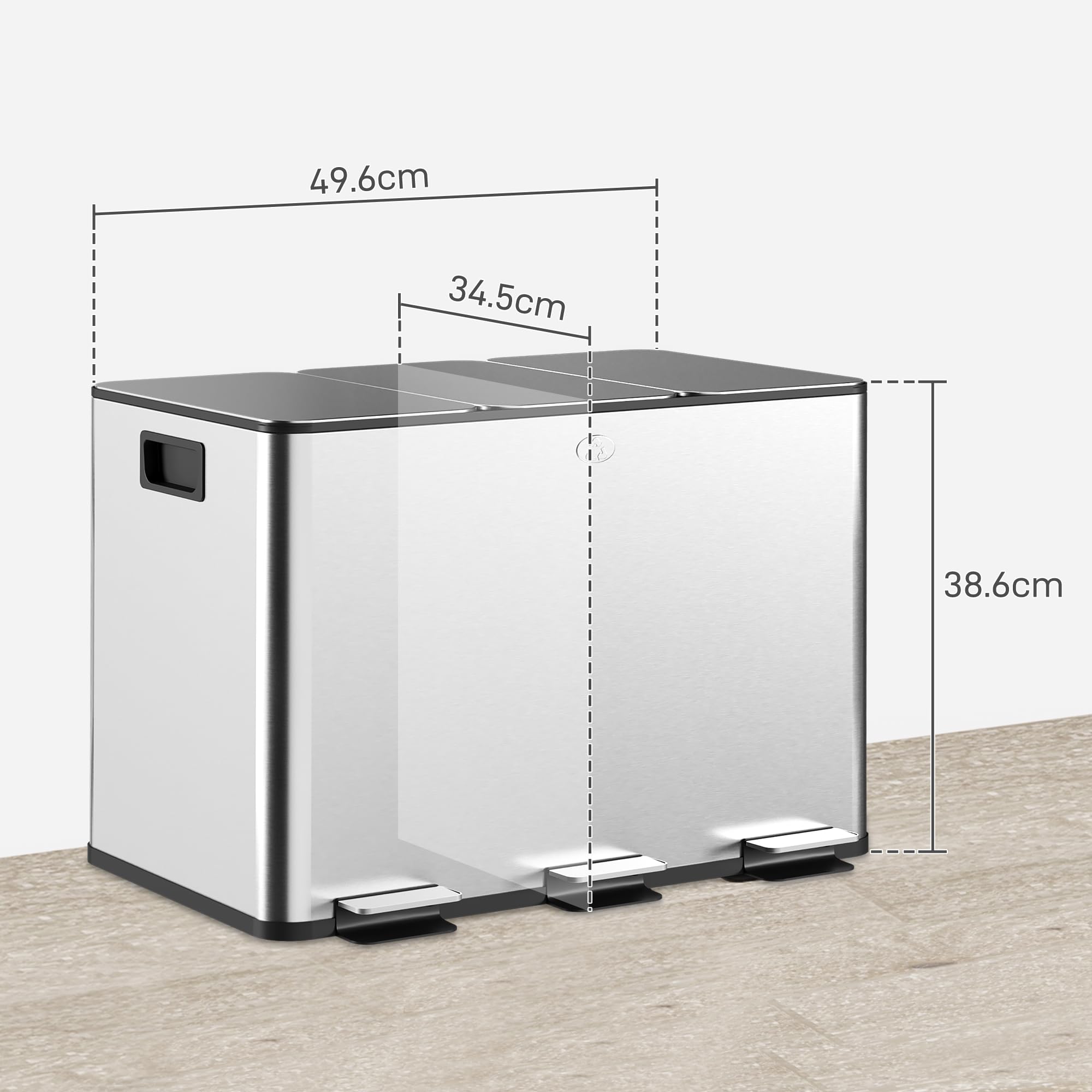 HOMCOM Pattumiera Differenziata 3 Scomparti 10L da Cucina a Pedale, Cestino Spazzatura con 3 Coperchi a Chiusura Silenziosa in Acciaio Inox e PP, 49.6x34.5x38.6 cm, Argento