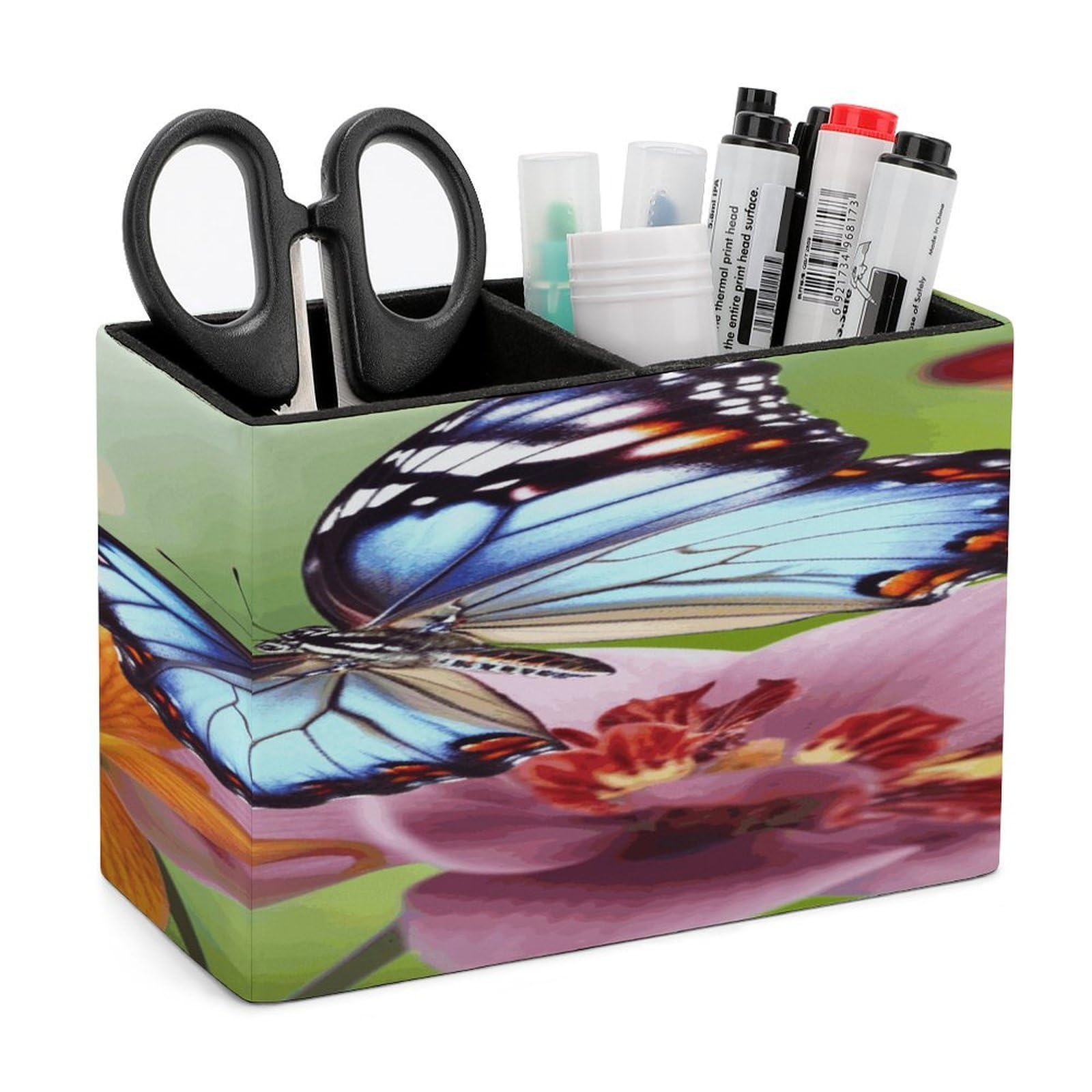 FekiLoot Flower Butterfly Leather Pen Holder for Desk Double Compartments Brush Minimalist PU Leather Pencil Holder Locker Organizer for Work Locker Accessories Pencil Cup for Desk