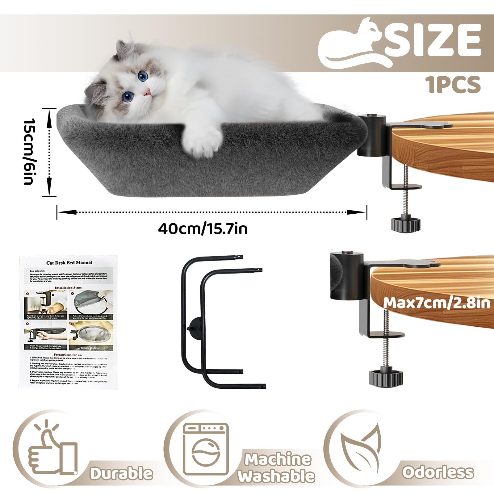 Cama para Gatos para Escritorio, Hamaca para Gatos Suave, Cama para Mascota Montada en el Escritorio Giratoria de 360°, Casa para Gatito sobre el Mesa para Oficina e Casa, hasta 20KG