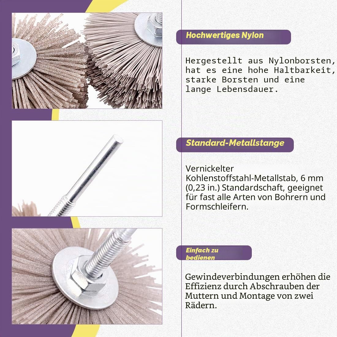 Swpeet 5 Stück 5 Größen 80# 180# 240# 320# 600# Nylon Radbürste Schleifkopf mit 6 mm Gewindeschaft Sortiment Kit Schleifmopp Schleifscheibe zum Polieren, Entfernen von Rost und Lackieren