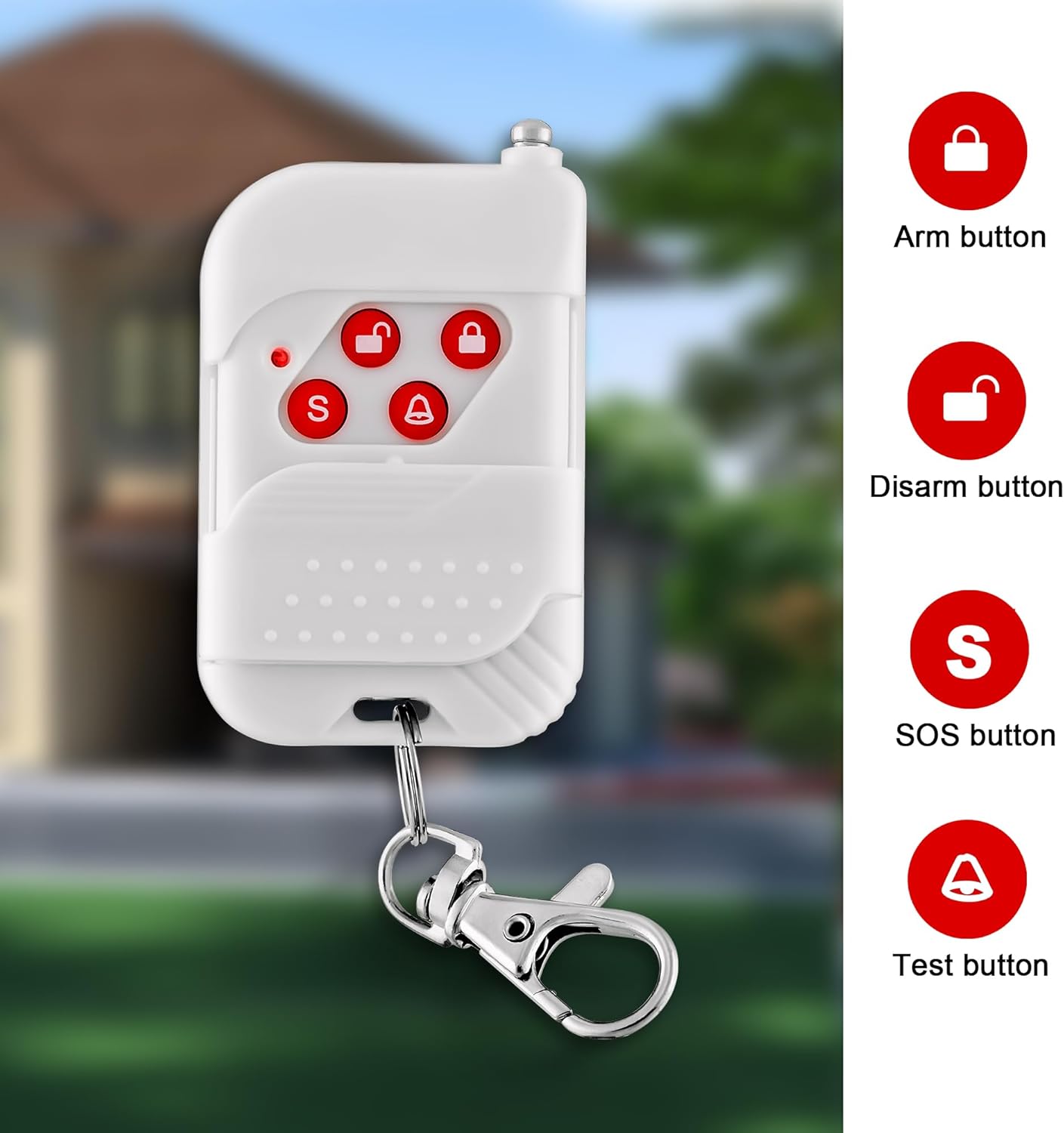 Diagram showing the four buttons on the remote control and their functions: Arm, Disarm, SOS, and Test.