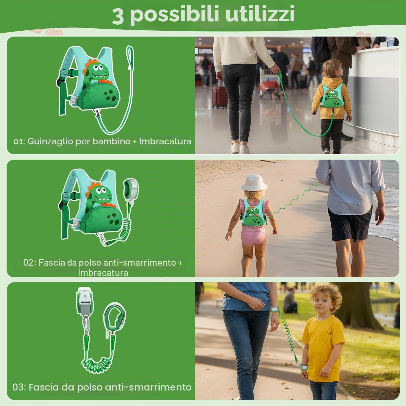 Dr.meter Zaino Bambini Antismarrimento 3 in 1 Pettorina 1.2M 360° Braccialetti Chiave Sicurezza Dinosauro 1-5 Anni