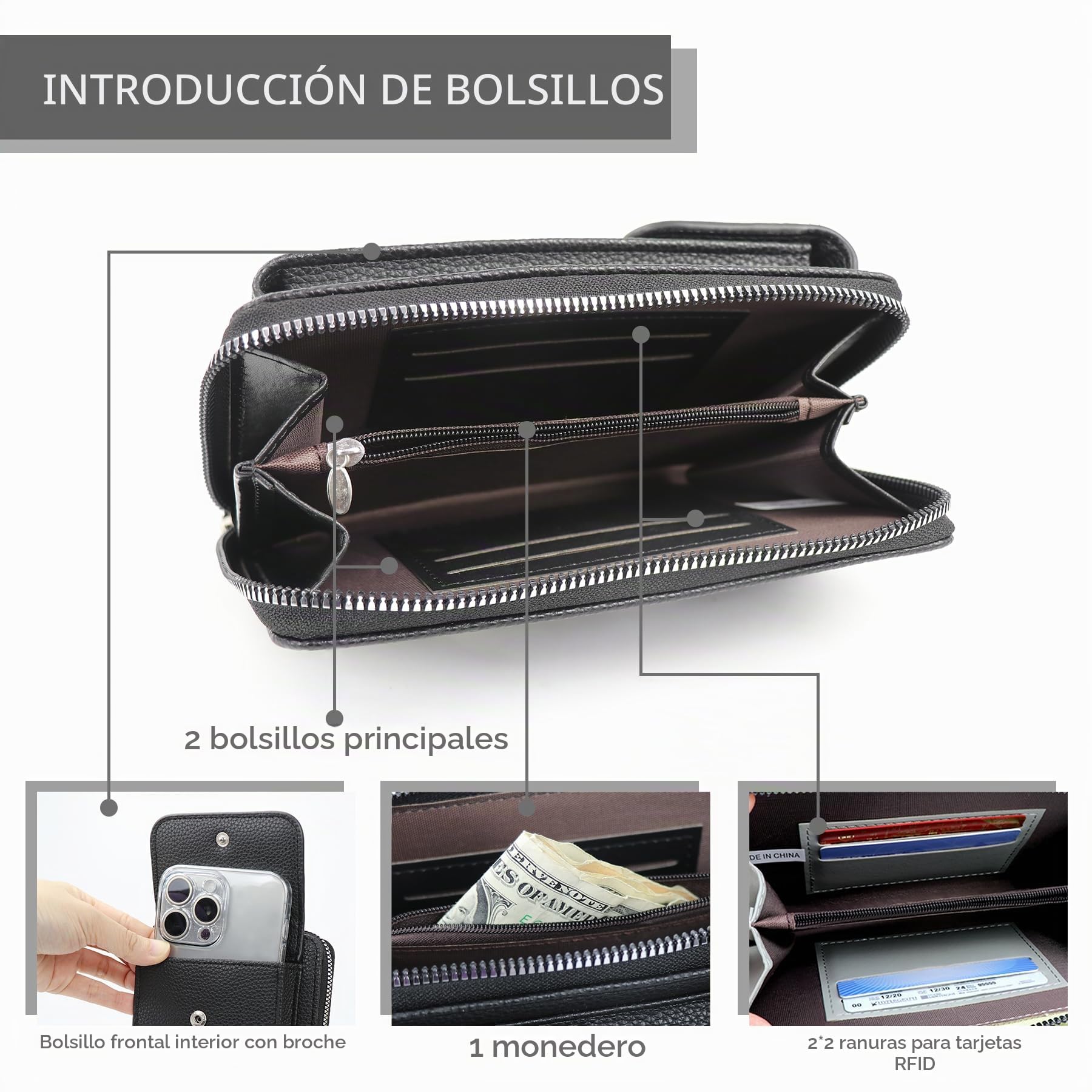 PU Bolso Bandolera Mujer, Bolso Para Móvil Mujer, Correa Ajustable Bolsitos Para Móviles,Guardar Móvil de Hasta 7"