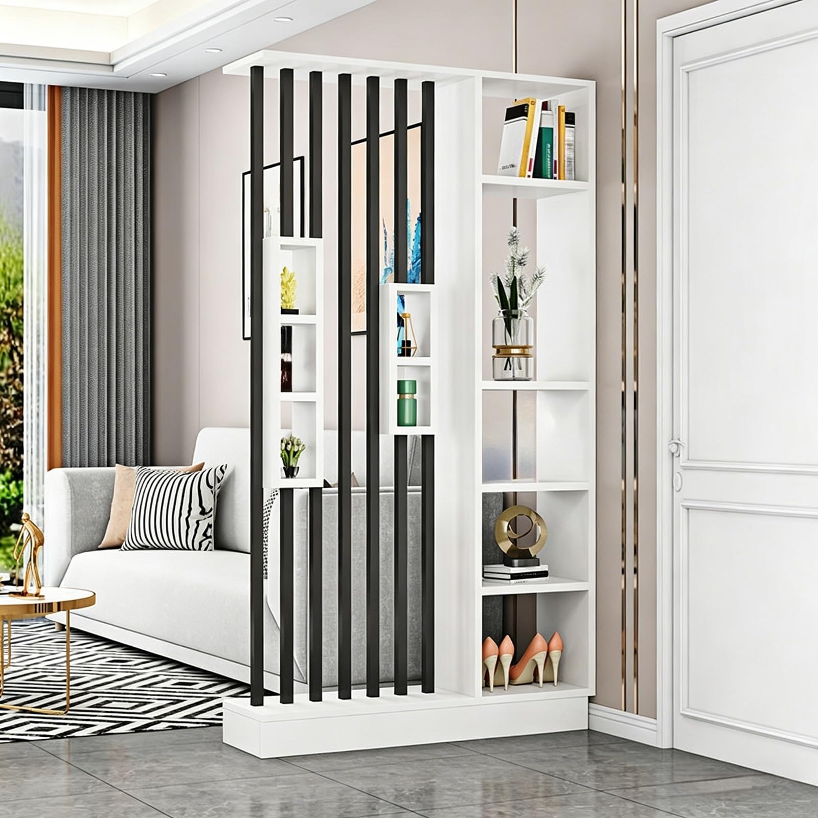 Wall Room Divider, Freestanding Entryway Partition with Open Storage Shelves, Modern Slatted Privacy Screen for Living Room and Hallway(Black+White,100cm/39.4in)