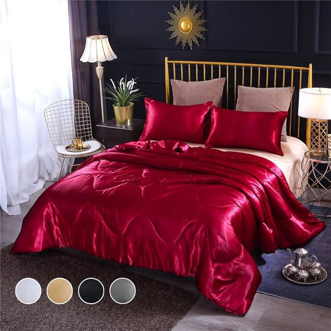 Holawakaka Solid Satin Silk Like Quilt Set Ultra Soft