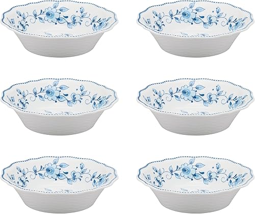 UP ware - Juego de 6 cuencos de melamina florales azules y blancos, cuencos en forma de flor con borde de cuentas para pasta, arroz, sopa y