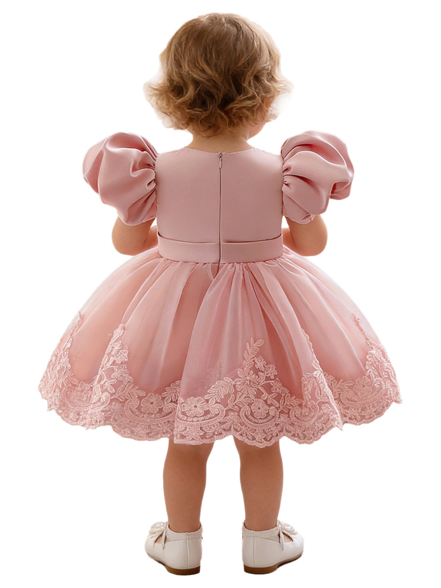Vestito da Battesimo Bimba Neonata con Fiocco Maniche Corte a Sbuffo Abito Elegante da Principessa Tutu in Tulle per Festa di Compleanno Matrimonio Cerimonia