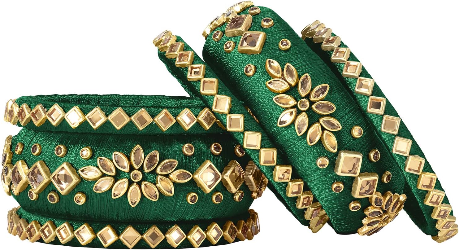 Aheli Matching Floral Kundan Silk Thread Chuda Chura Bangle Set Indian Traditional Bridal Fashion Jewelry Gift for Women - Image 5