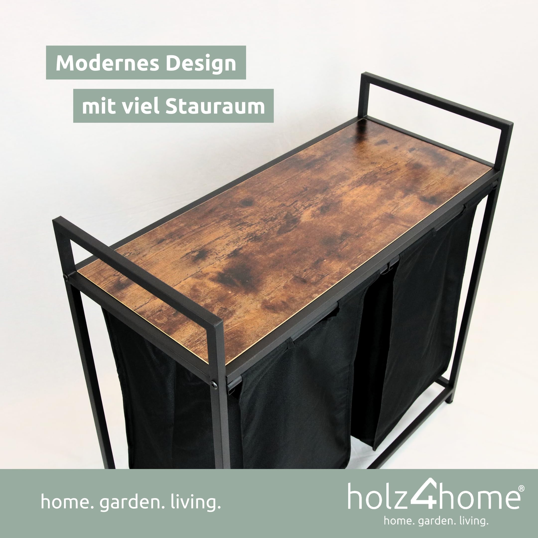 holz4home® Wäschekorb 2 Fächer Vintage I Mit Ablage & Wäschebox ausziehbar I Wäschebox Badezimmer I Wäschesack aus Oxford-Gewebe 92 L