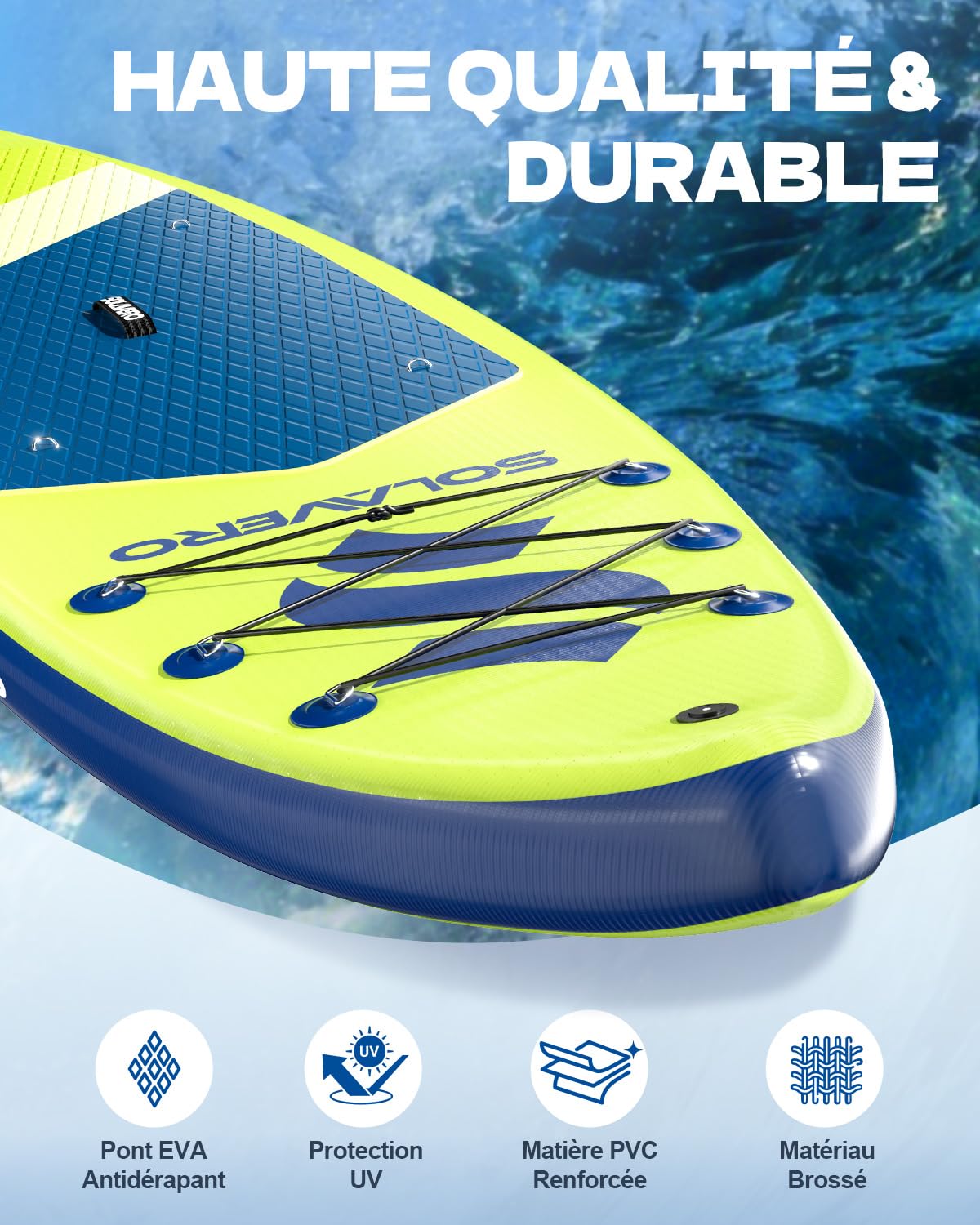 SOLAVERO Paddle Gonflable Adulte 323 x 83 x 15 cm Stand Up Paddle avec Pont EVA Antidérapant, Pagaie Réglable, 3 Aileron, Jusqu'à 200 kg