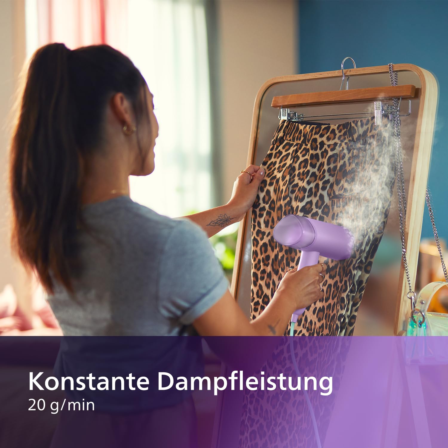 Philips 3000-Serie Tragbarer Dampfglätter - 1000 W, Dampfleistung 20 g/min, 100ml Wassertank, Kein Bügelbrett erforderlich, Inklusive Aufbewahrungstasche, 630g geringes Gewicht, Lila (STH3010/30)