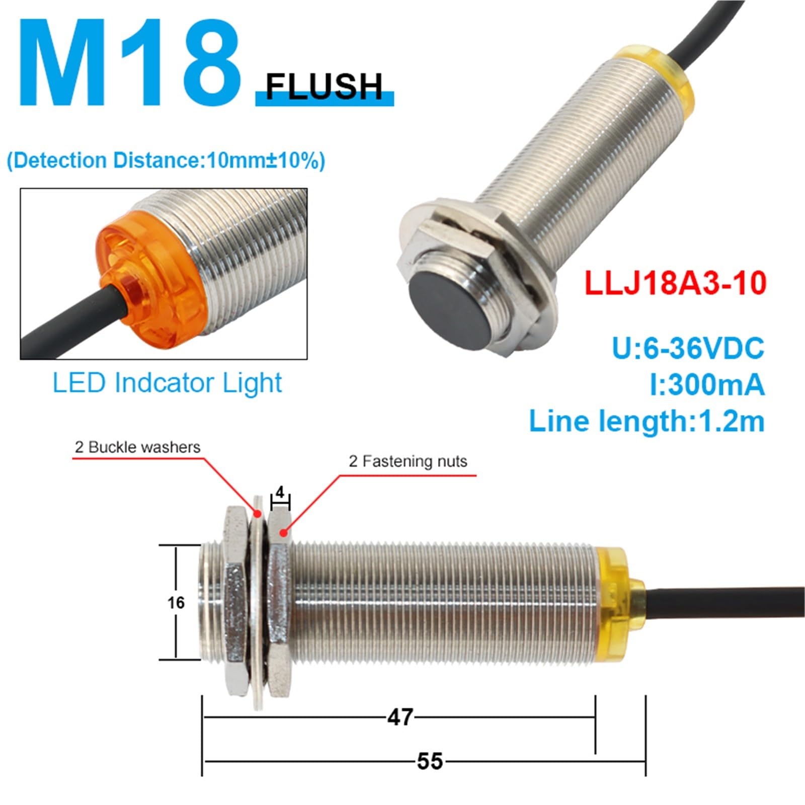 1 szt. M8 M12 M18 czujnik zbliżeniowy dalekiego zasięgu zasięg wykrywania 2/4 4/8 10/15 15/25 mm PNP NPN NO NC LLJ12A3 AC DC 6-36V (LLJ8A3-2, NPN NO)