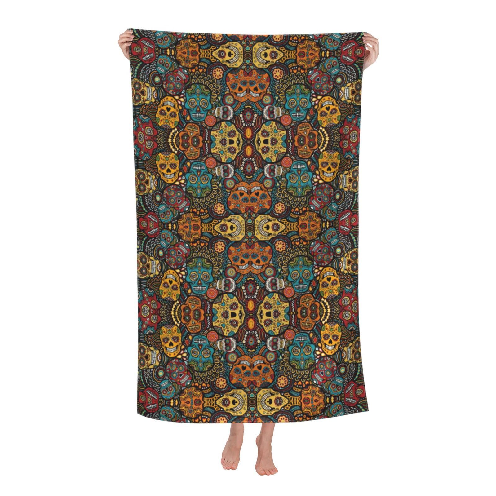 Oazcvbnn Women's White Colorful Sugar Skulls Print Adult Beach Towel Summer Travel Pool Vacation Swimming Fitness Outdoor Adventures