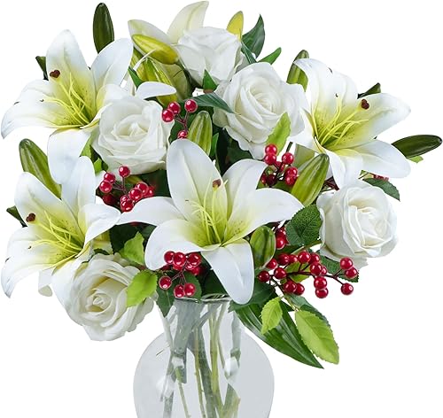 HUAESIN 14 piezas de flores artificiales realistas de rosas blancas y lirios blancos y bayas rojas, arreglos florales de seda para ramo de boda,