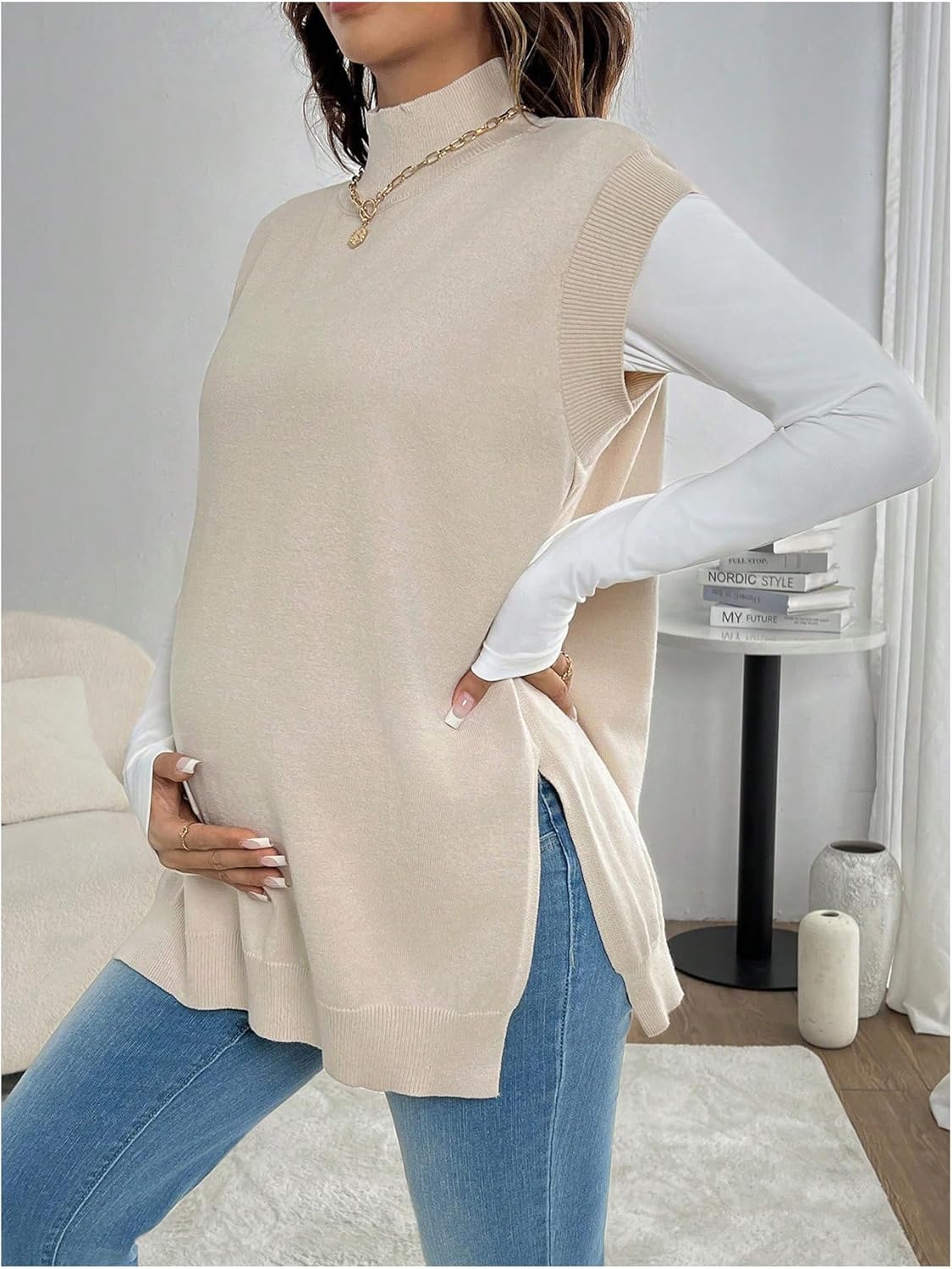 MakeMeChic Women's Maternity Turtleneck Sweater Vest Tops Mock Neck Sleeveless Slit Hem Pregnancy Knit Sweater - Image 3