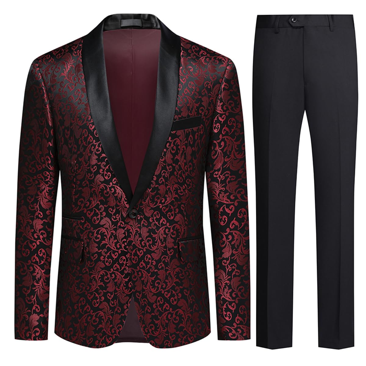 Allthemen Costume Homme 2 pièces Jacquard Coupe Slim Costumes de Smoking Luxe Formelle Mariage Dîner d'affaires Rouge 3XL