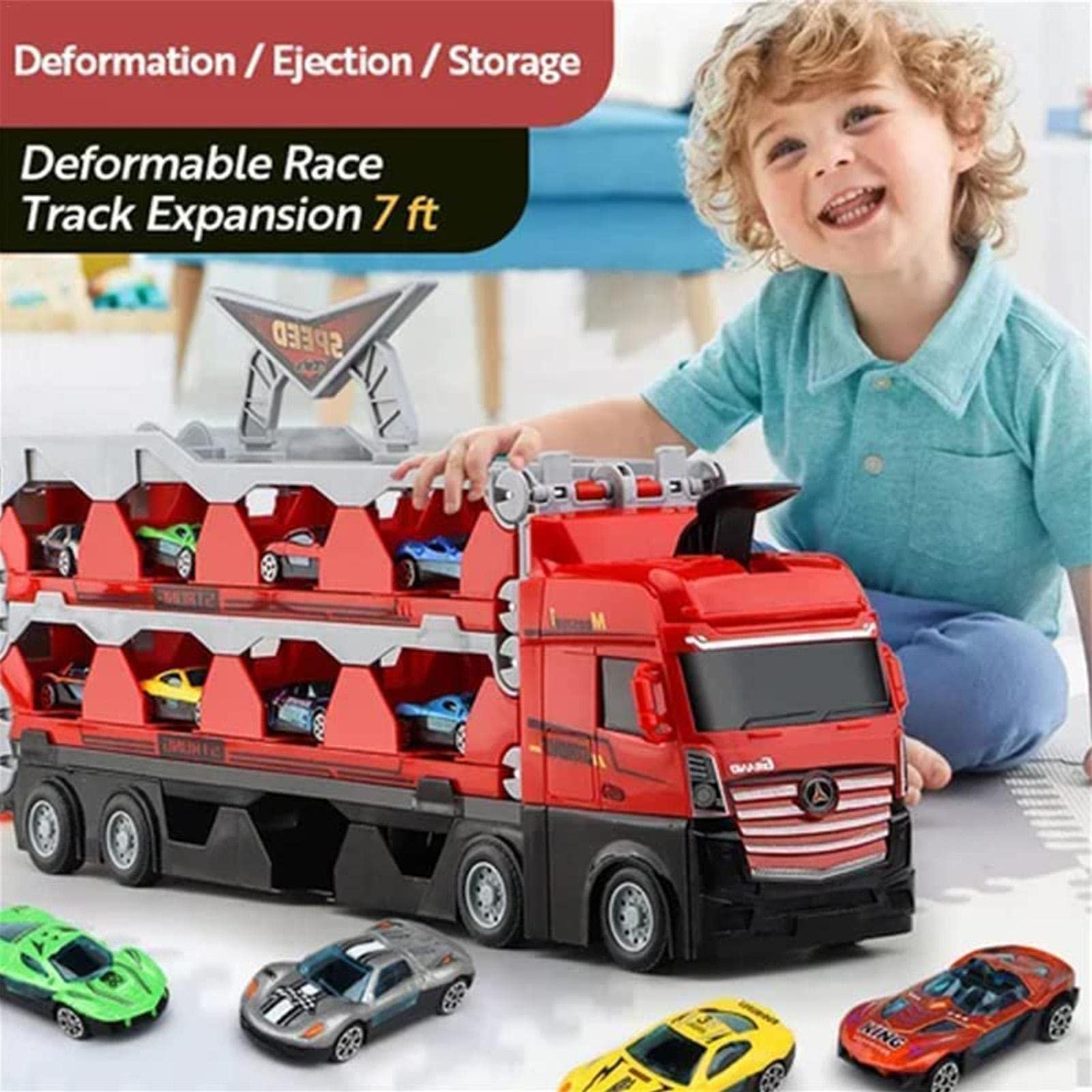 Camion Transporteur De Voitures Avec Piste De Course 165cm - 10 Mini Voitures - Jouet Enfant 3-6 Ans - Cadeau Garçon Fille