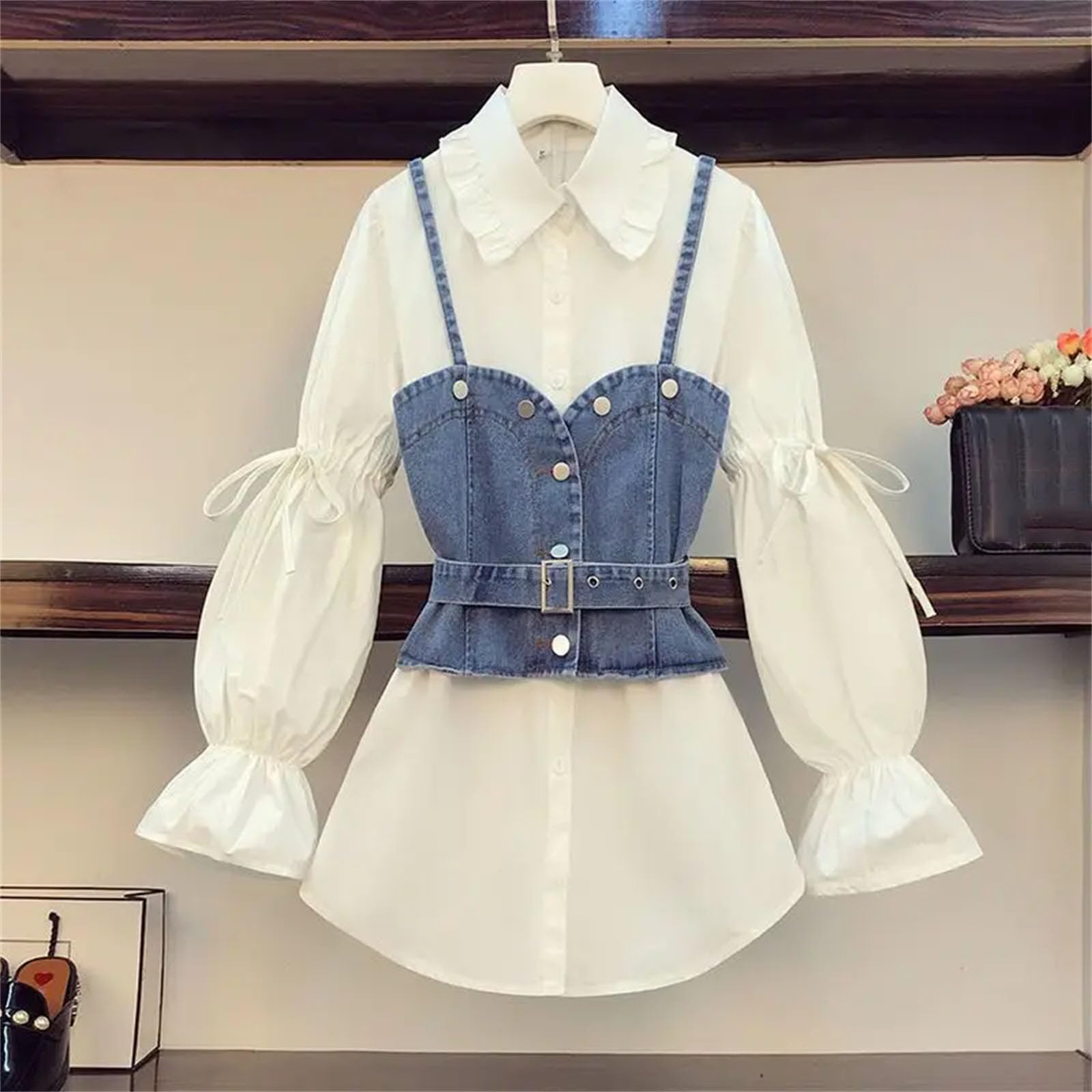 Camicia da donna con risvolto con volant e risvolto primaverile, set di due pezzi, gilet e camicetta con coulisse