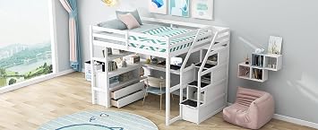 Spe-Saving Full Size Loft Bed with Desk, Shelves, Drawers, and Storage Stairs in Elegant Finish