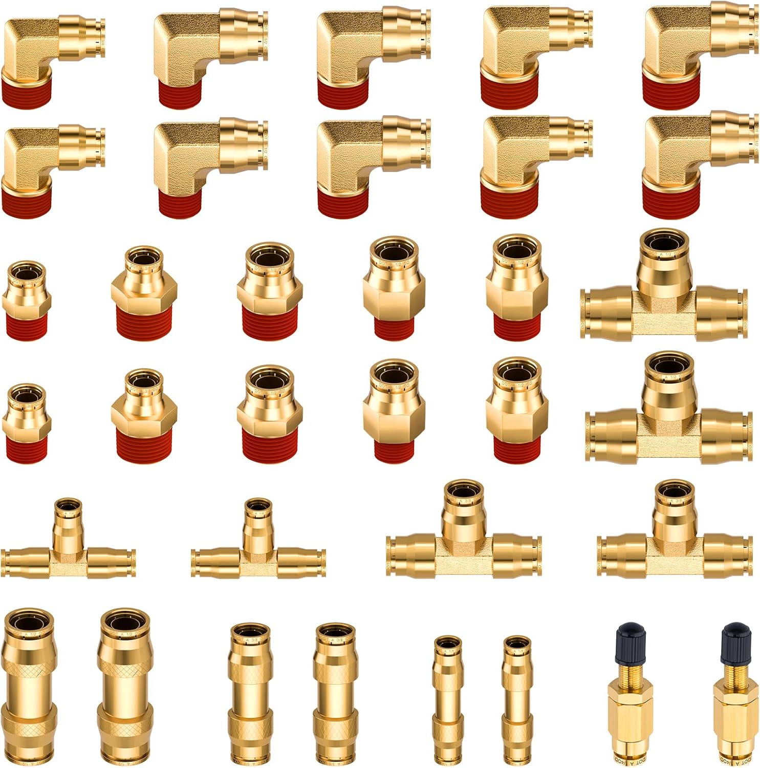 34 Pcs Brass DOT Air Brake Line Fittings Assortment, 1/4" 3/8" 1/2" DOT