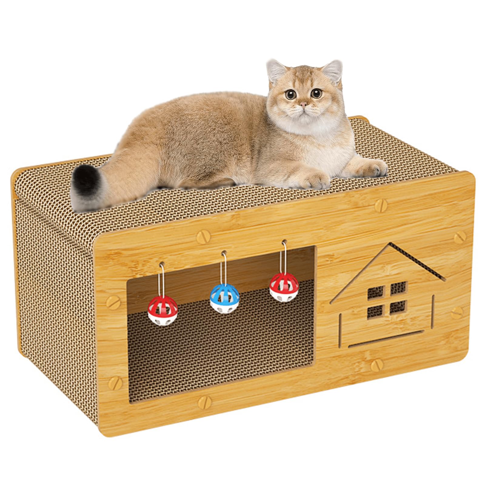 ikeoatCat Scratcher Cardboard, Large 60cm Cat Toys House, Protecting Furniture Cat Scratching Cardboard with Bell Ball Toy for Indoor Cats Kittens